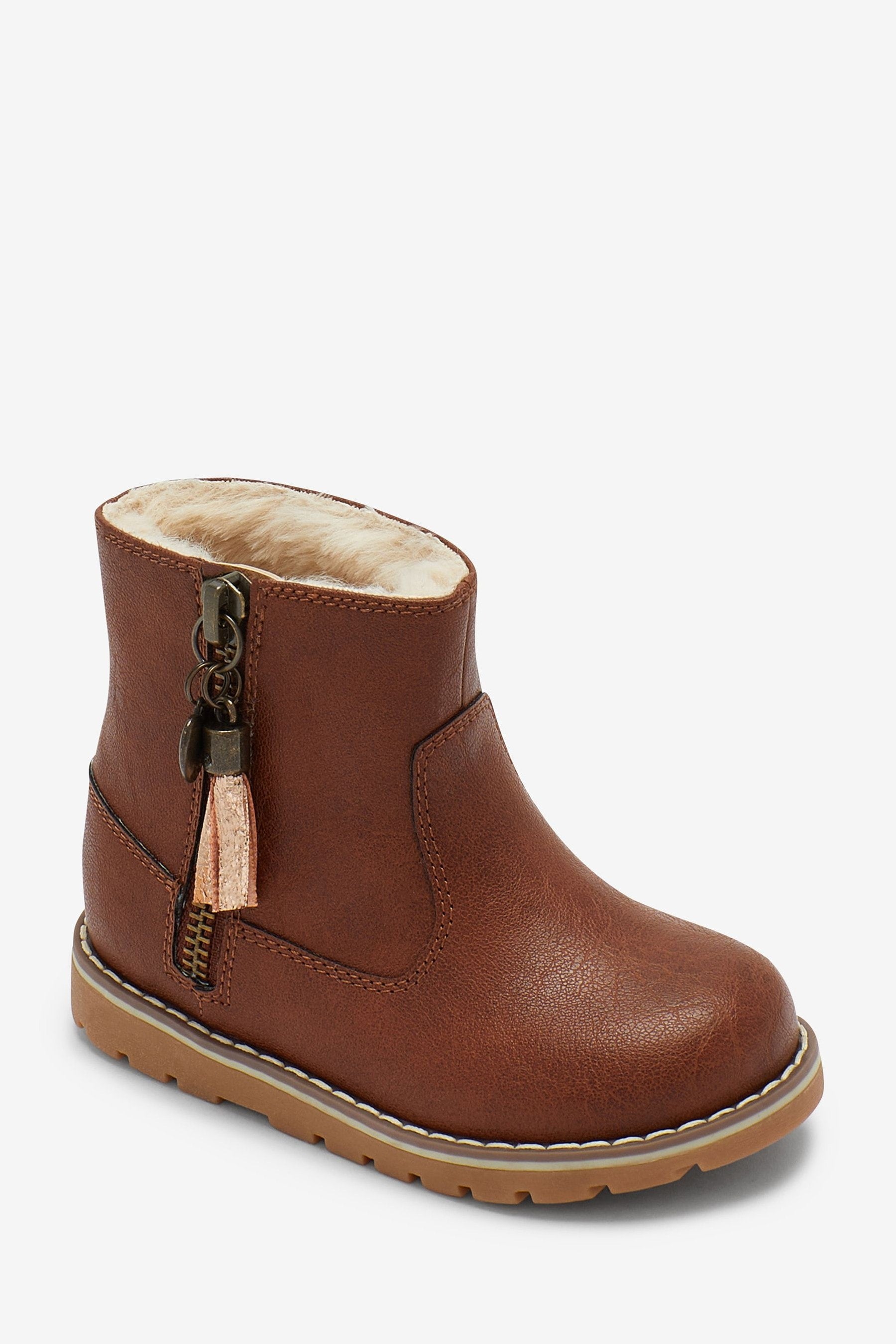 Tan Brown Warm Lined Tassel Detail Zip Boots