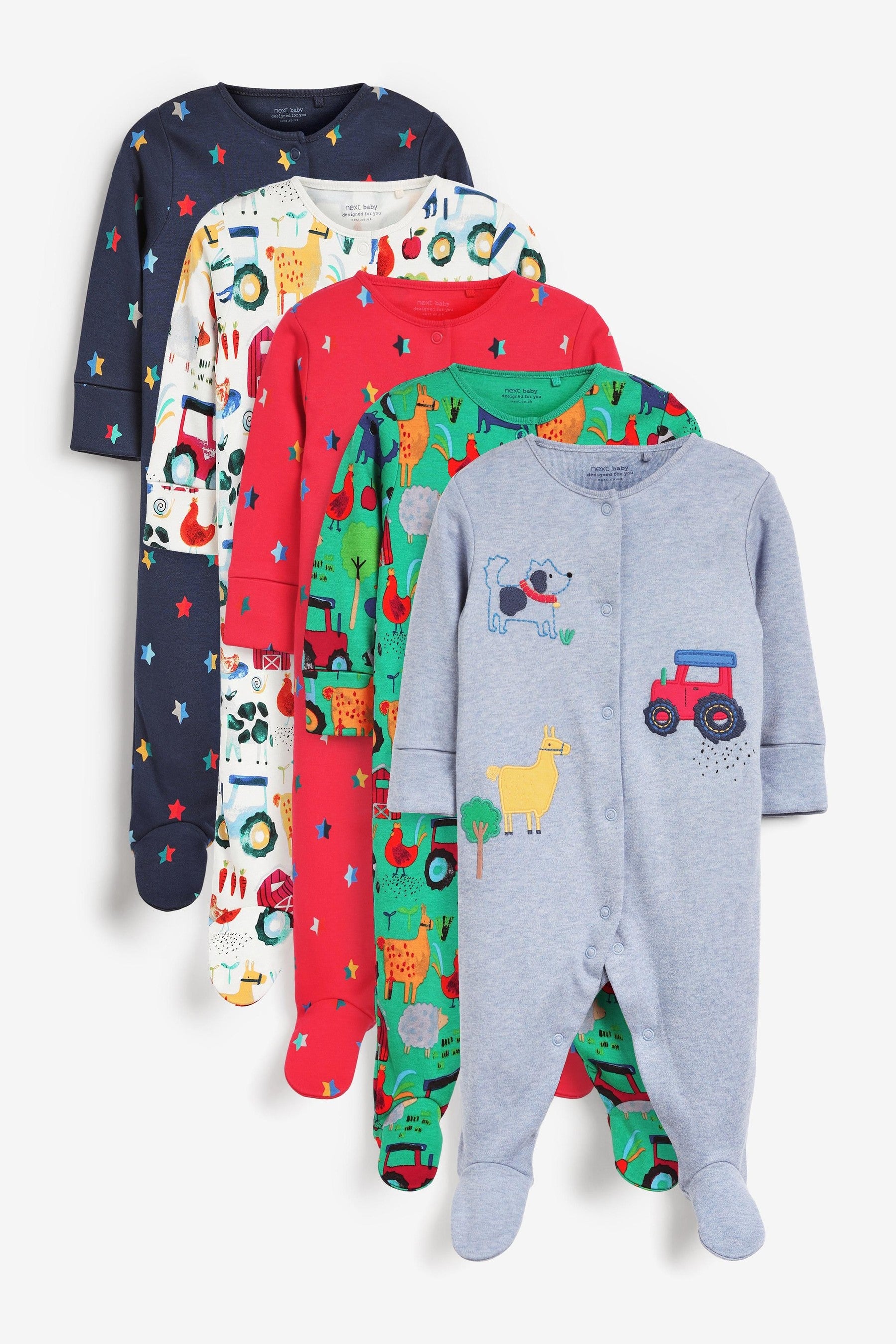 Farmyard Character Blue/Multi Baby Sleepsuits 5 Pack (0-2yrs)