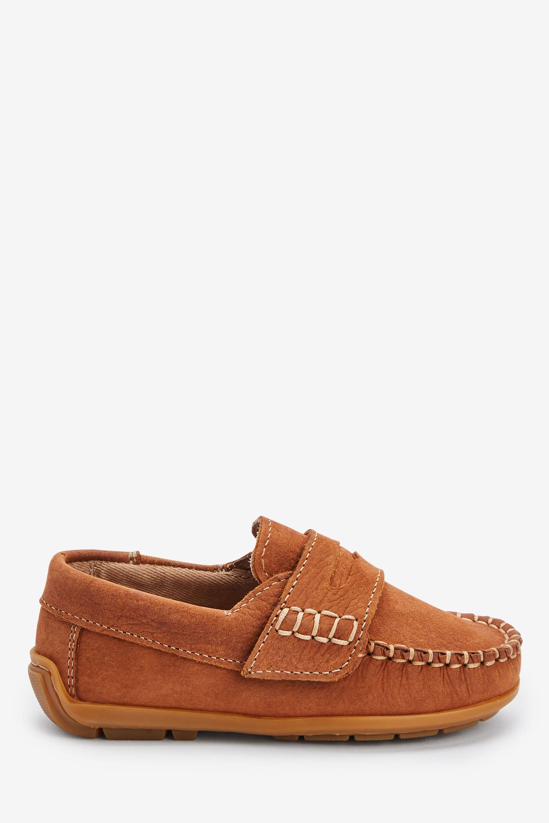 Tan Brown Leather Penny Loafers with Touch and Close Fastening