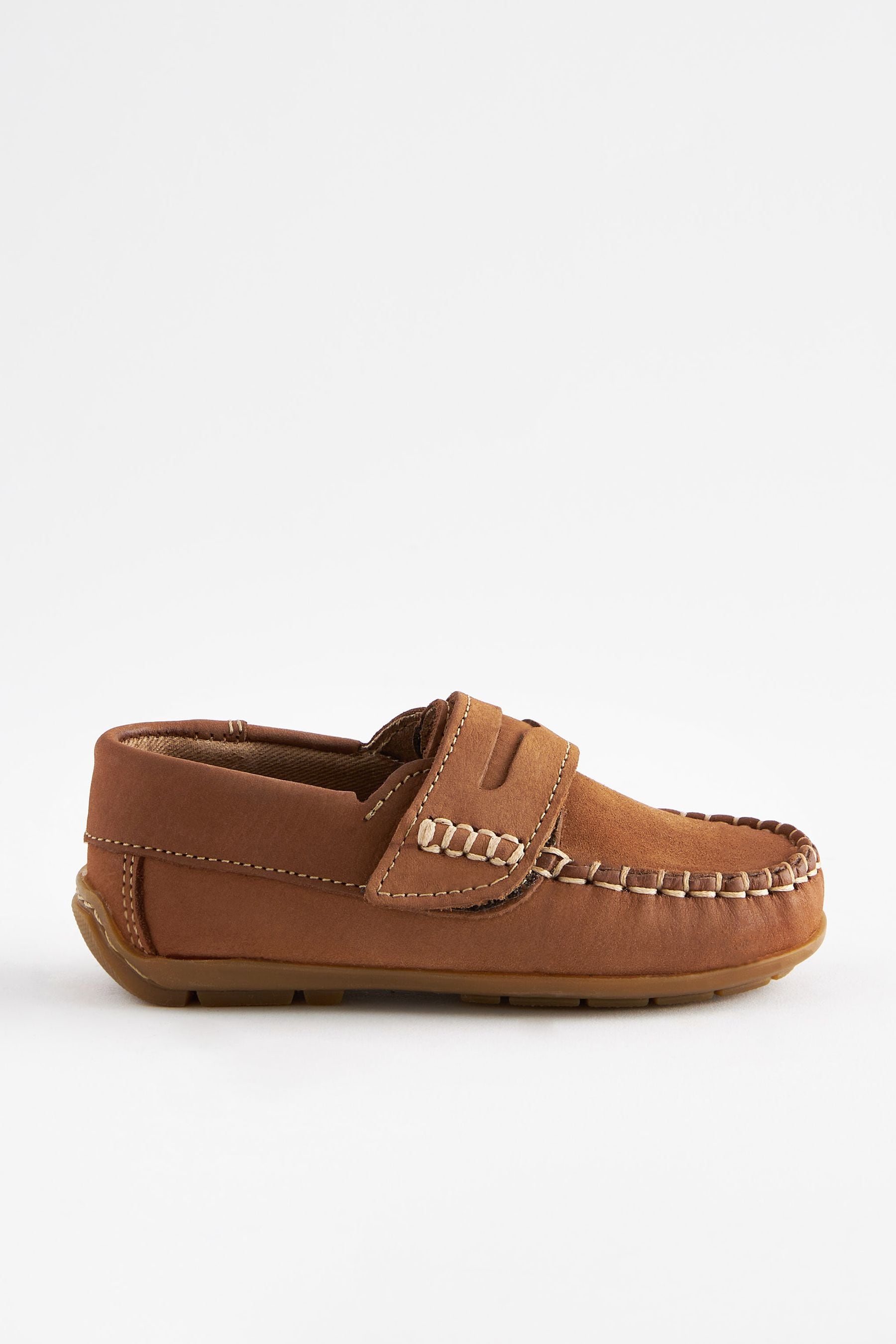 Tan Brown Leather Penny Loafers with Touch and Close Fastening