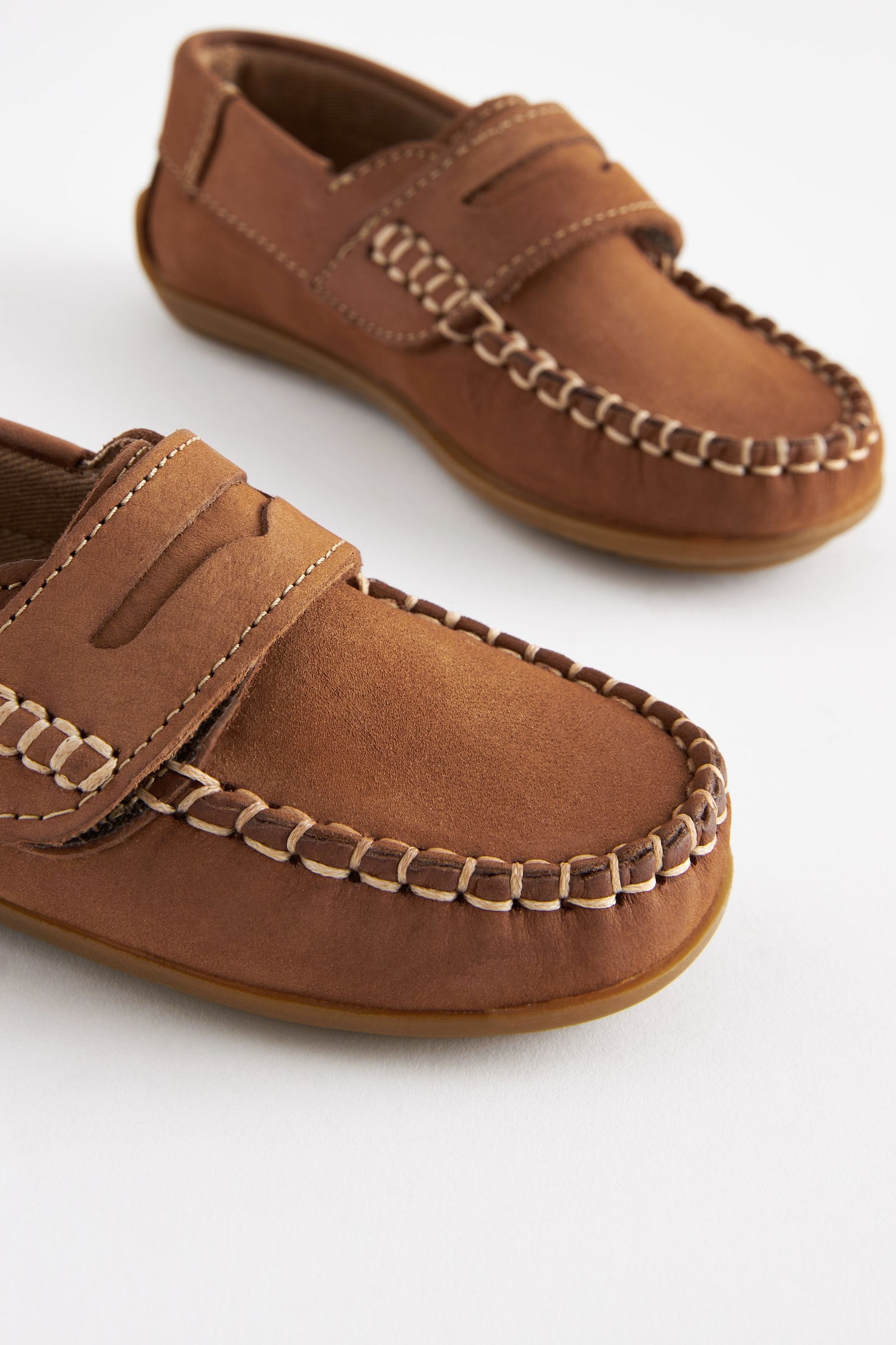 Tan Brown Leather Penny Loafers with Touch and Close Fastening