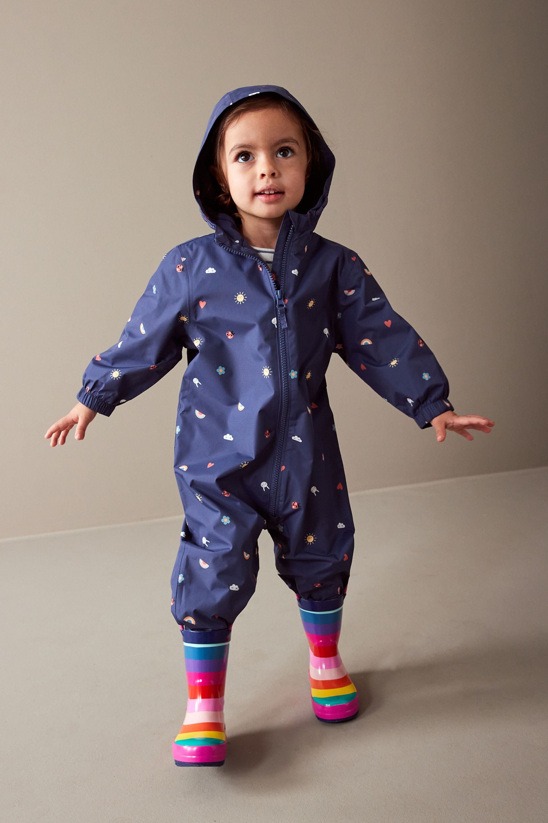 Navy Lightweight Waterproof Fleece Lined Printed Puddlesuit (3mths-7yrs)