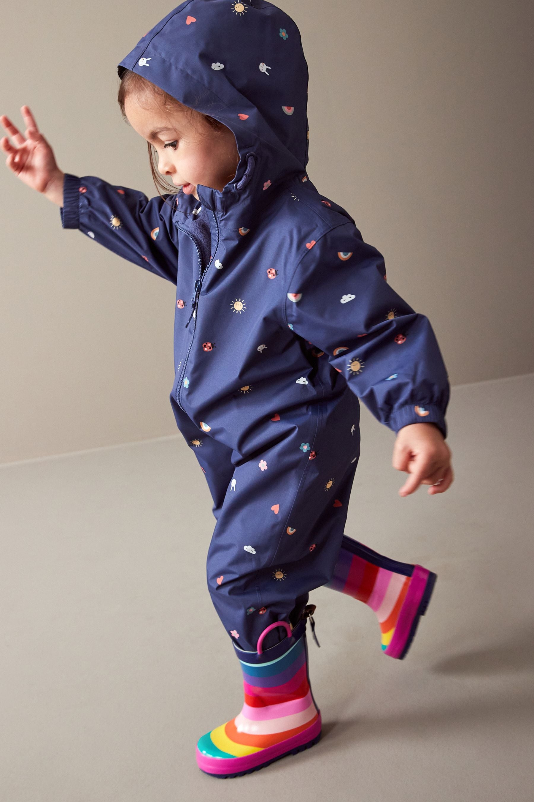 Navy Lightweight Waterproof Fleece Lined Printed Puddlesuit (3mths-7yrs)