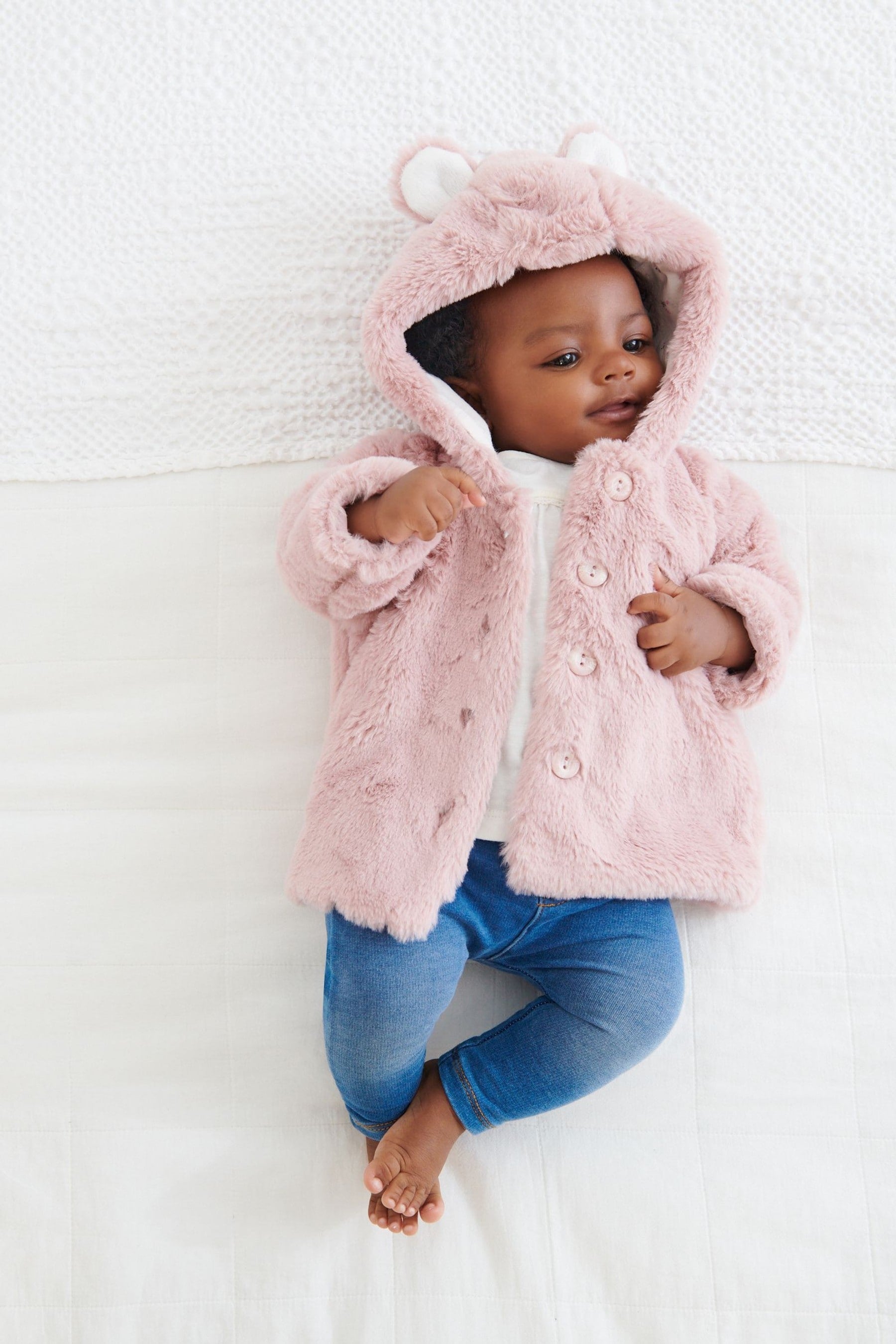 Pink Hooded Ears Cosy Button-Up Baby Jacket (0mths-2yrs)