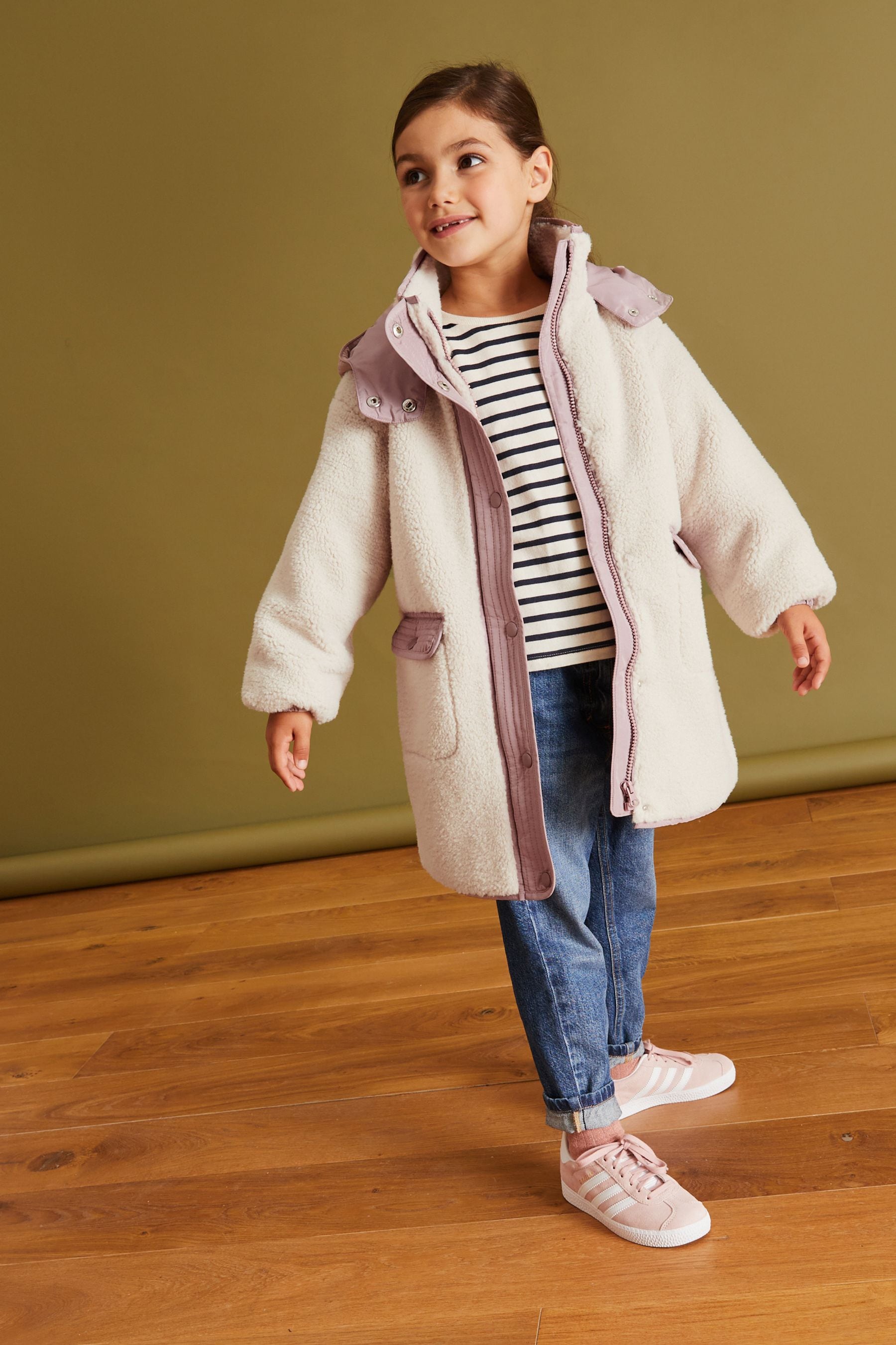 Cream Borg Pink Trim Coat (3-16yrs)