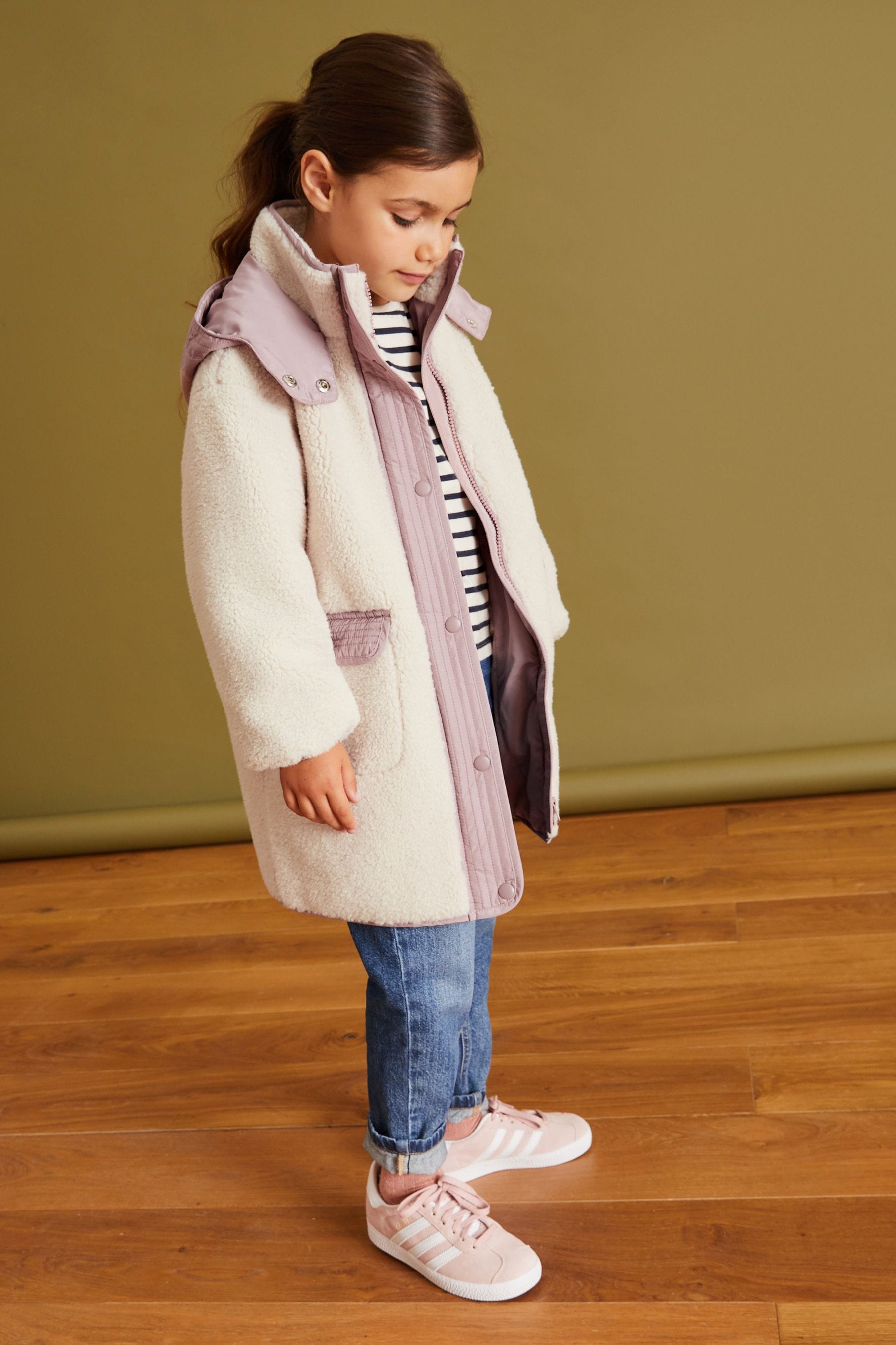 Cream Borg Pink Trim Coat (3-16yrs)