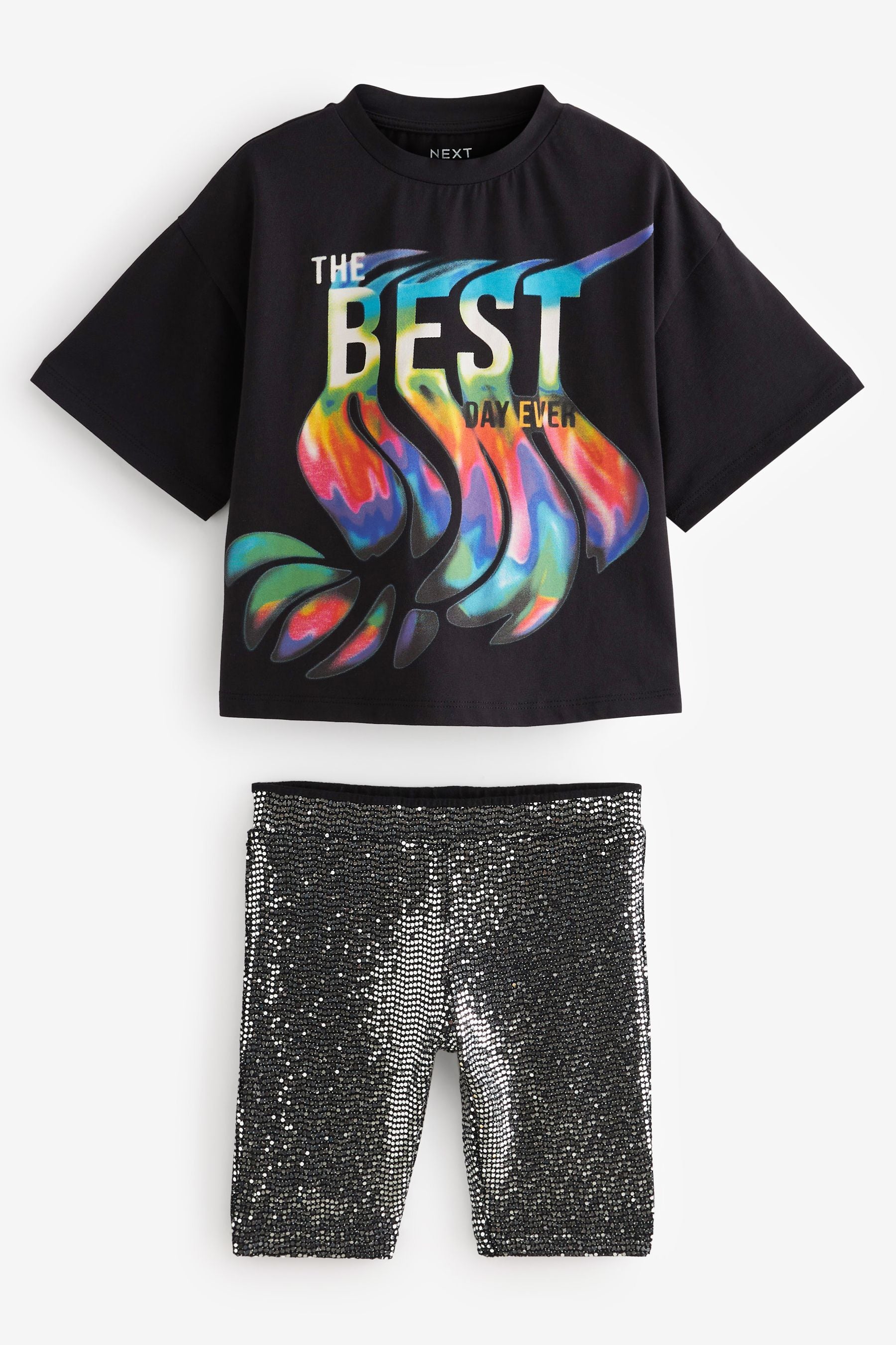 Black Rainbow Graphic T-Shirt And Sequin Cycling Shorts (3-16yrs)