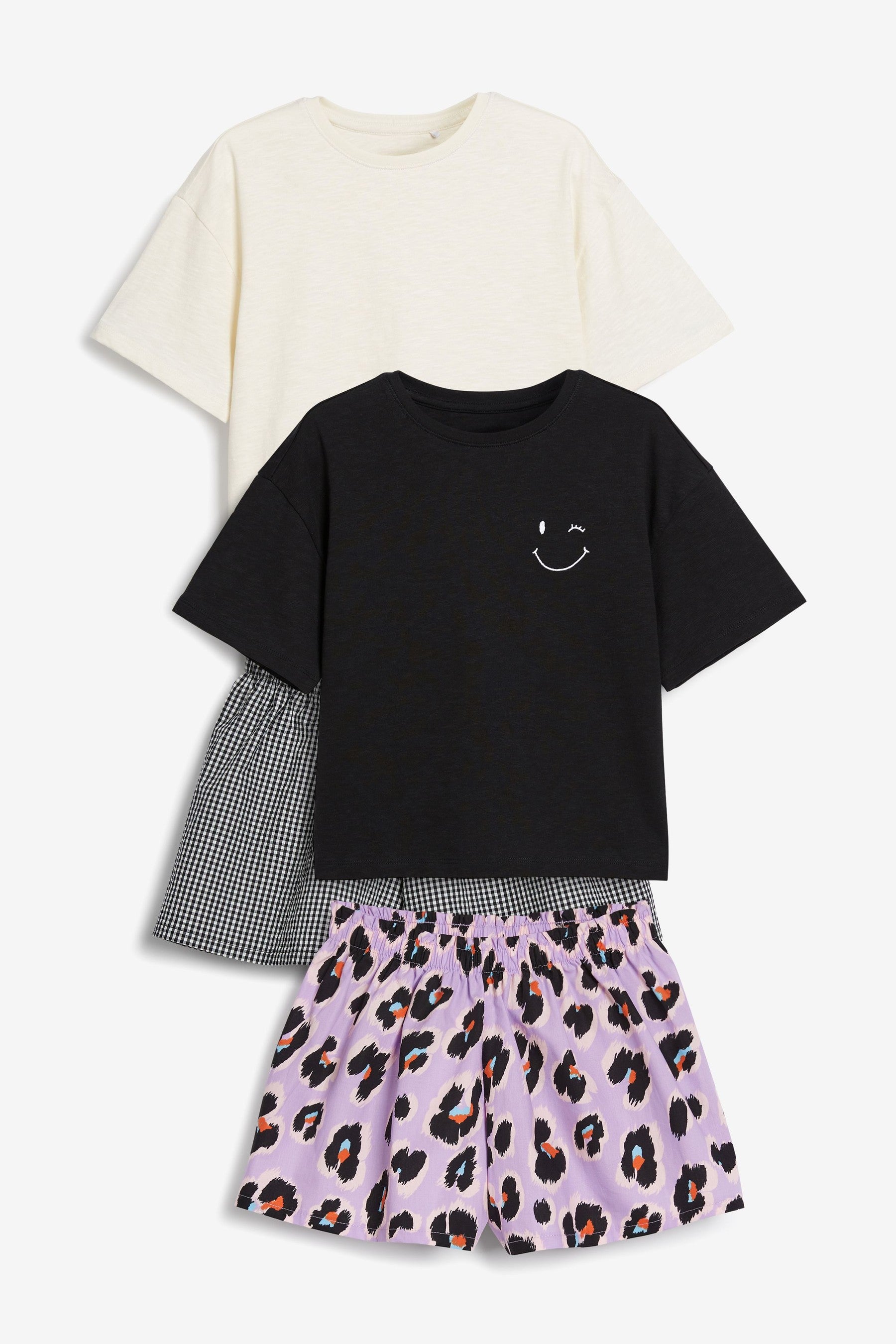 Monochrome Texture/Lilac 2 Pack Animal Woven Shorts With Jersey Top Pyjamas (3-16yrs)