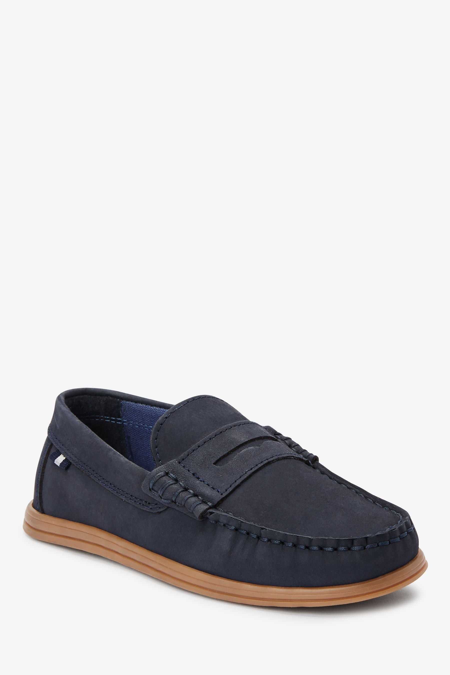 Navy Blue Leather Slip-On Penny Loafers