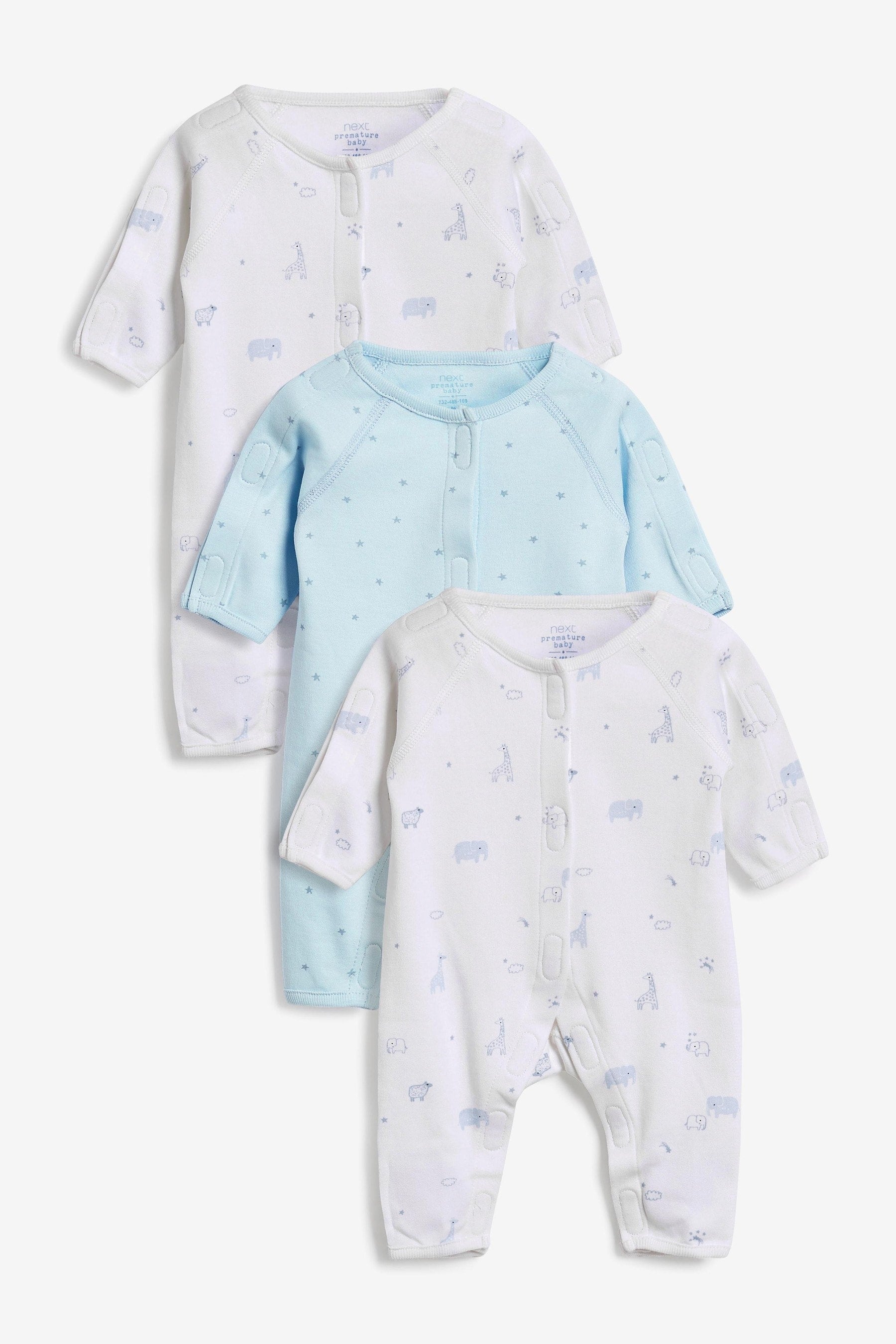 Blue 3 Pack Premature Baby Sleepsuits (0-0mths)