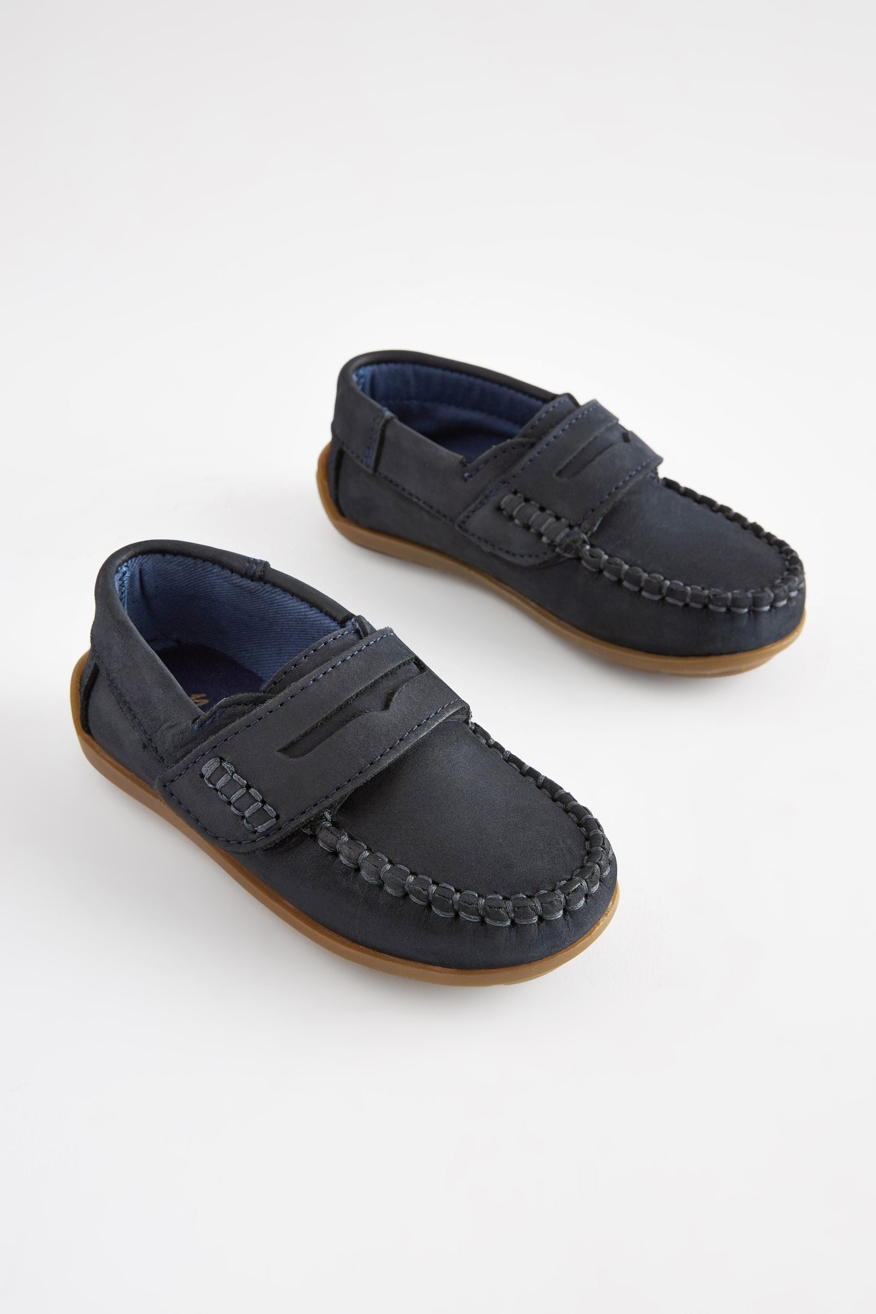 Navy Leather Penny Loafers with Touch and Close Fastening