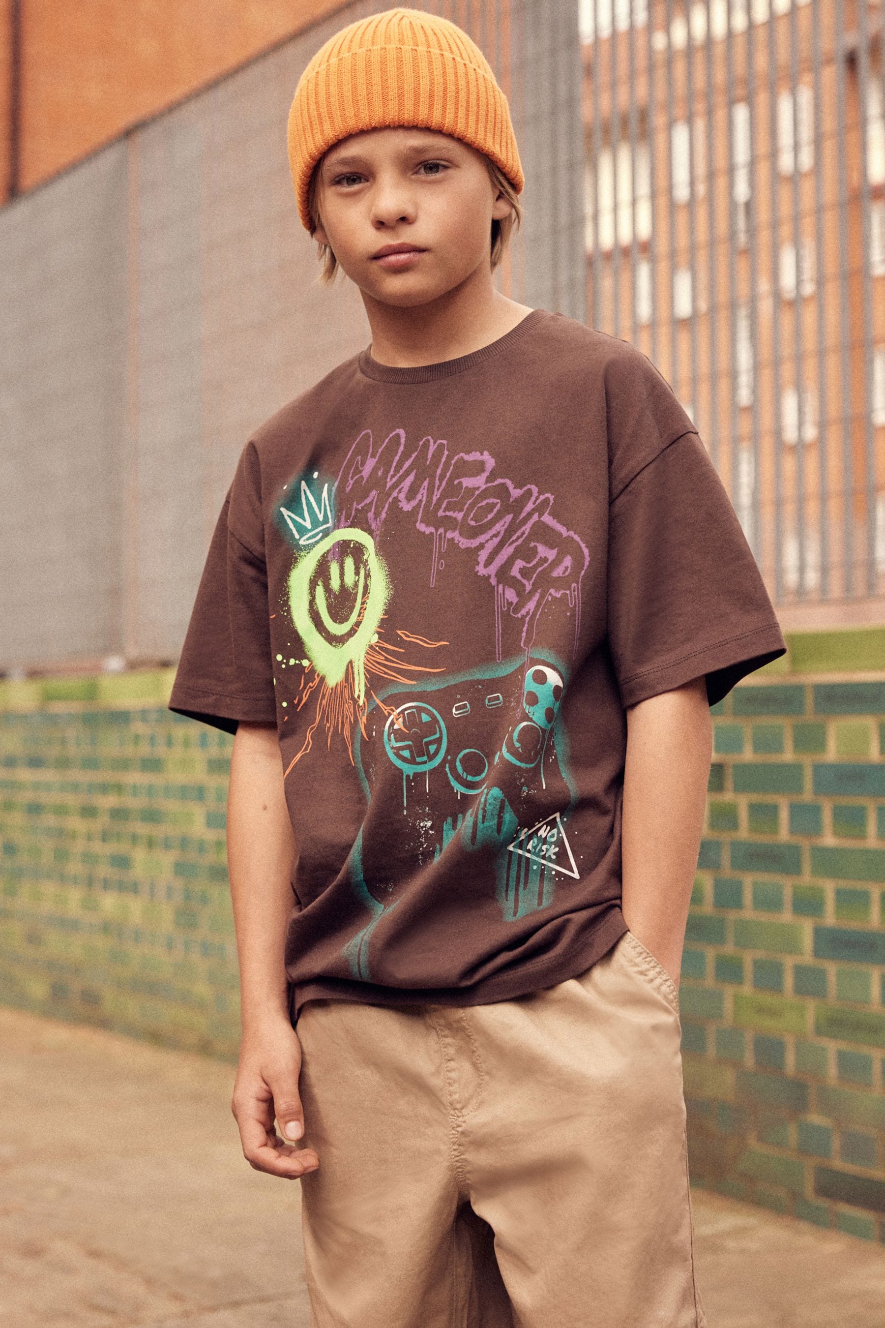 Brown Gaming Graffiti Relaxed Fit Short Sleeve Graphic T-Shirt (3-16yrs)