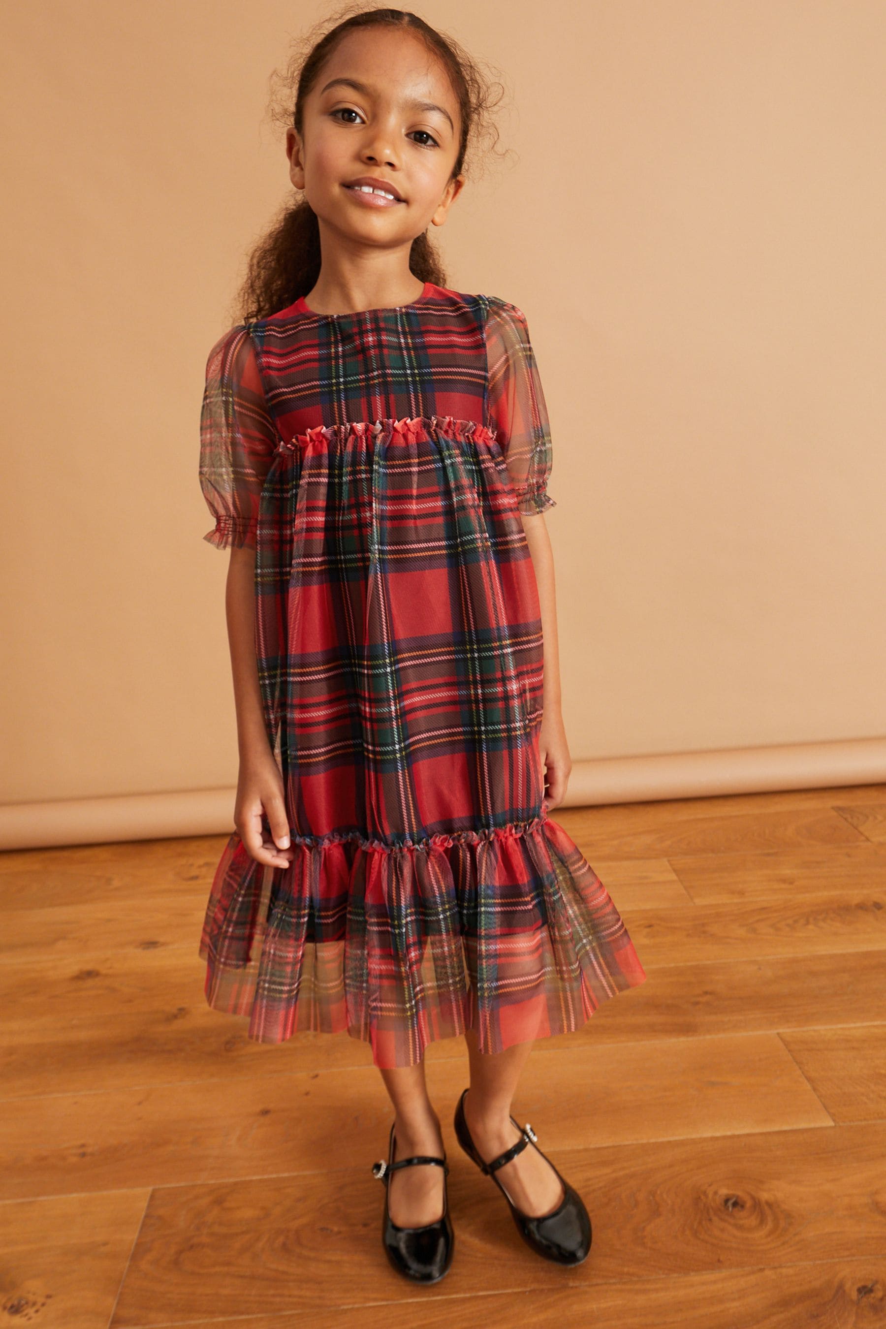 Red/ Black Check Short Sleeve Tiered Mesh Party Dress (3-16yrs)