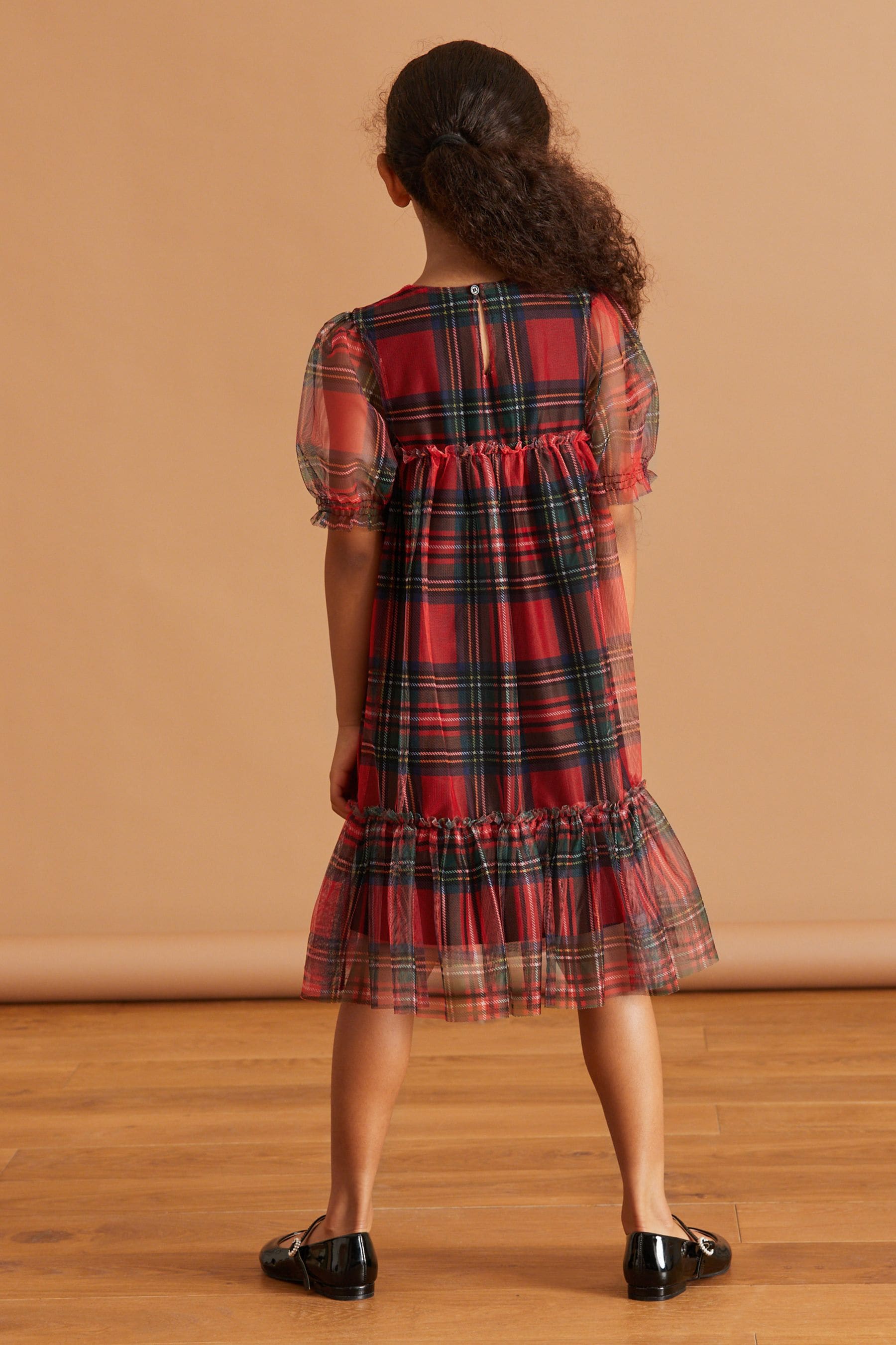 Red/ Black Check Short Sleeve Tiered Mesh Party Dress (3-16yrs)