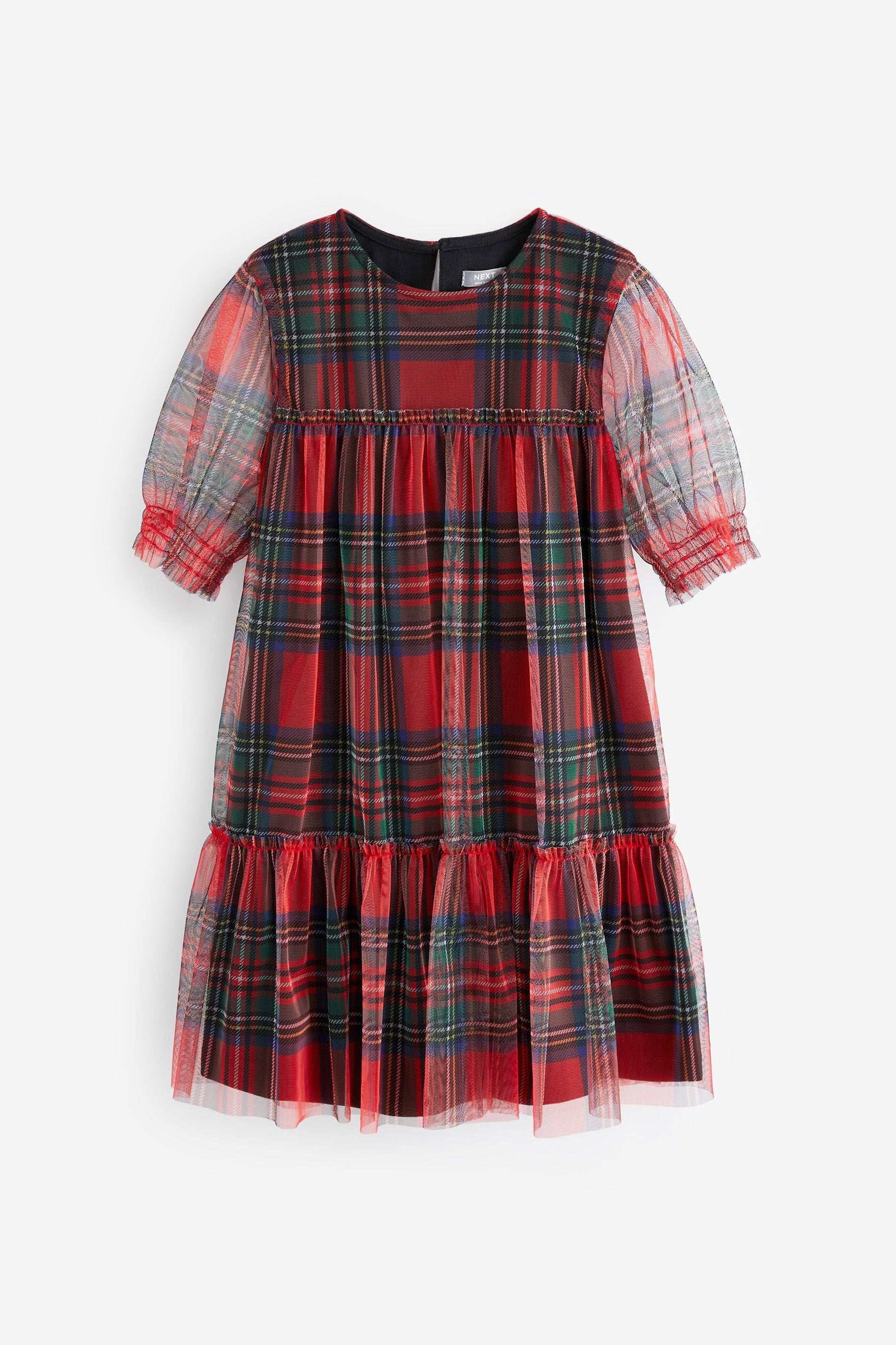 Red/ Black Check Short Sleeve Tiered Mesh Party Dress (3-16yrs)