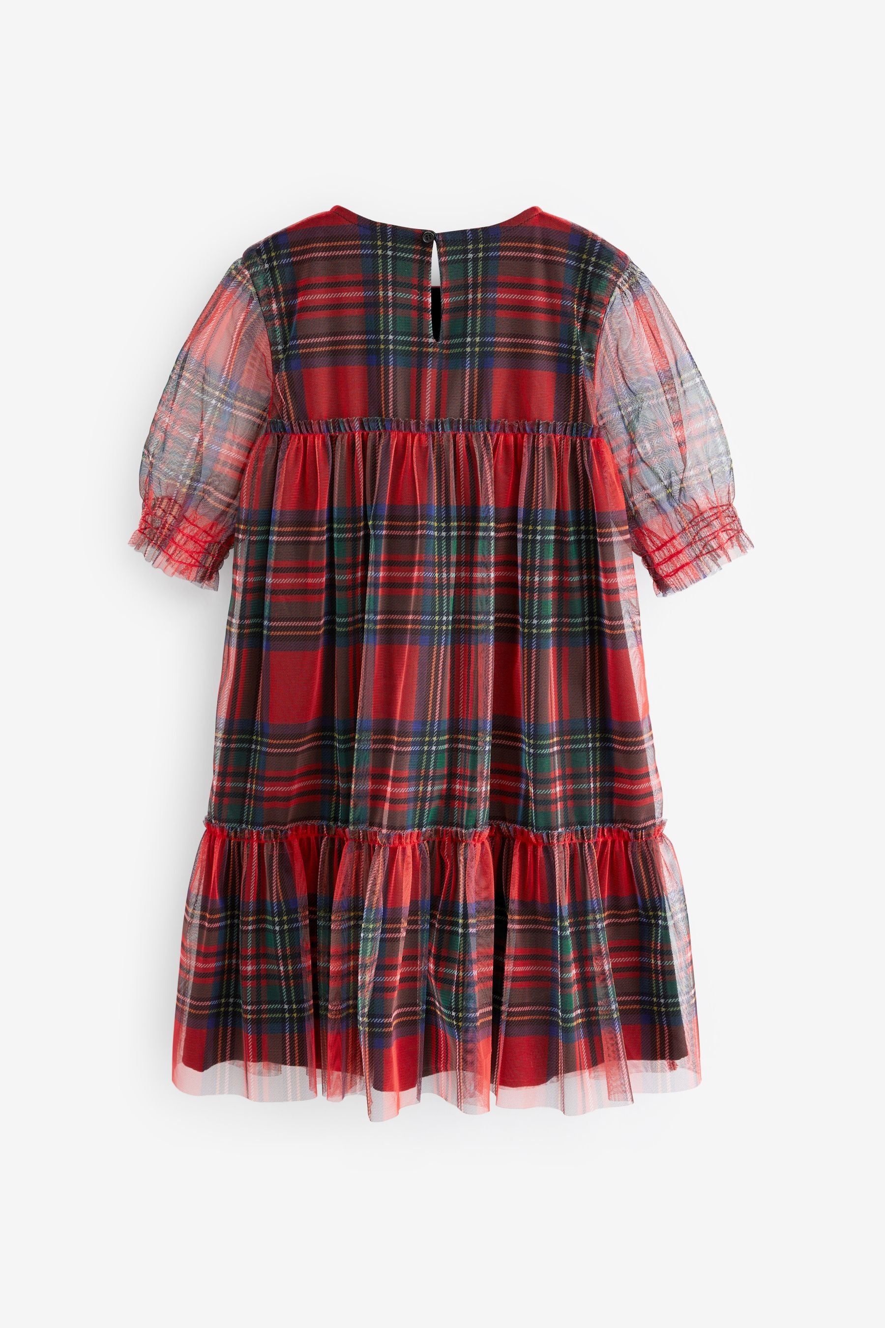 Red/ Black Check Short Sleeve Tiered Mesh Party Dress (3-16yrs)