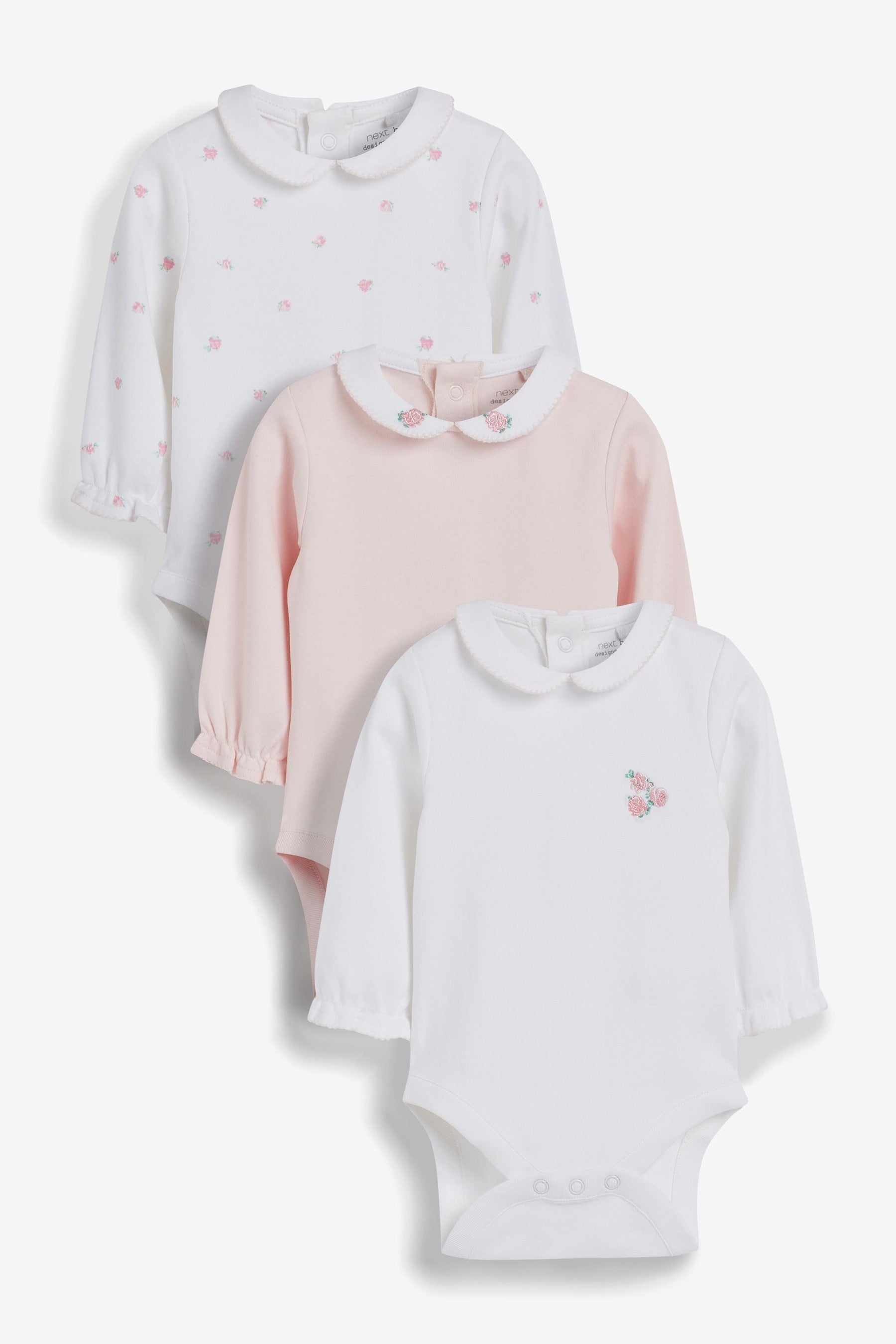 White/Pink 3 Pack Premium Long Sleeve Baby Bodysuits