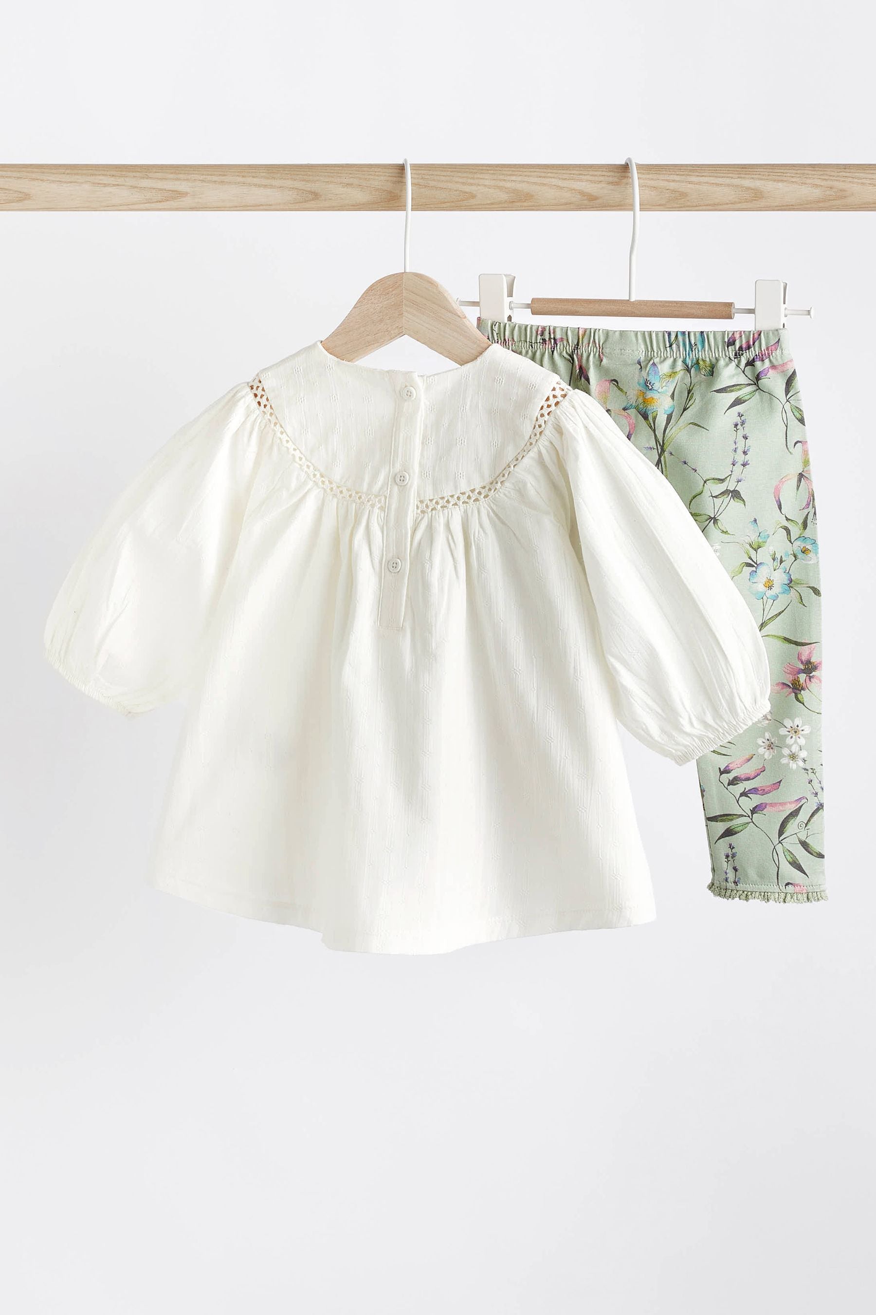 Ecru White Floral Bunny Baby Woven Blouse And Leggings 2 Piece Set