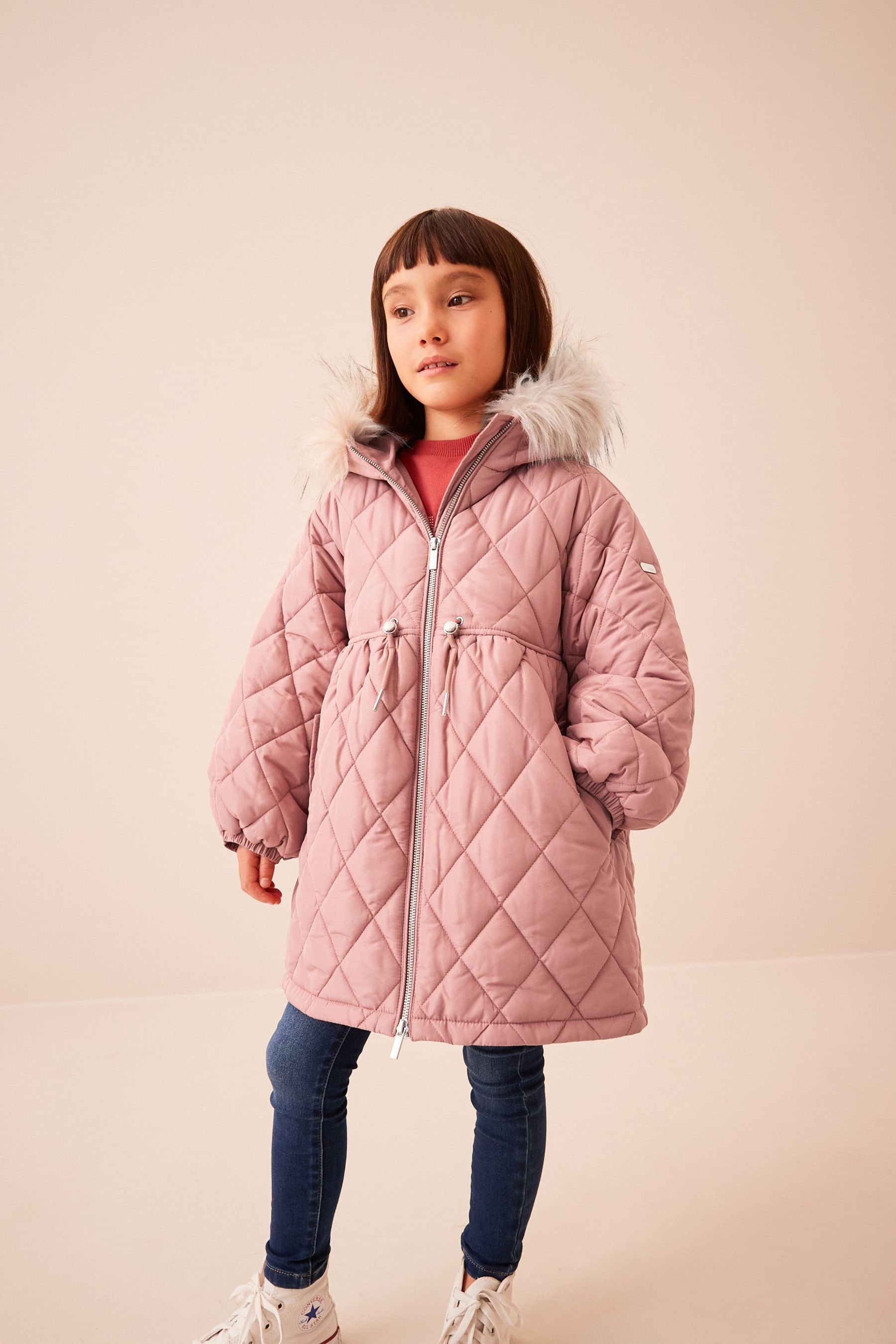 Pink Faux Fur Hooded Quilted Padded Coat (3-16yrs)