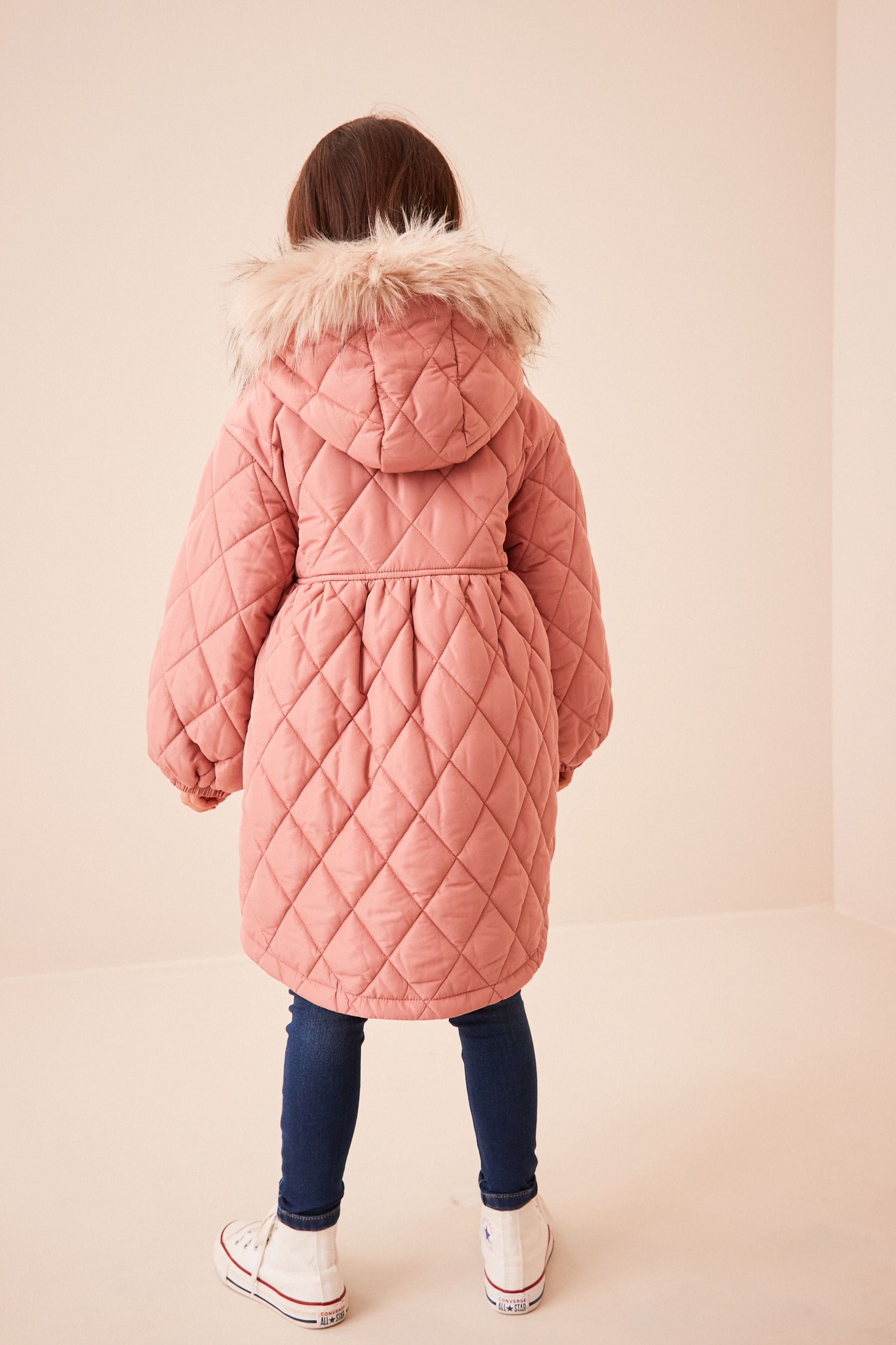 Pink Faux Fur Hooded Quilted Padded Coat (3-16yrs)