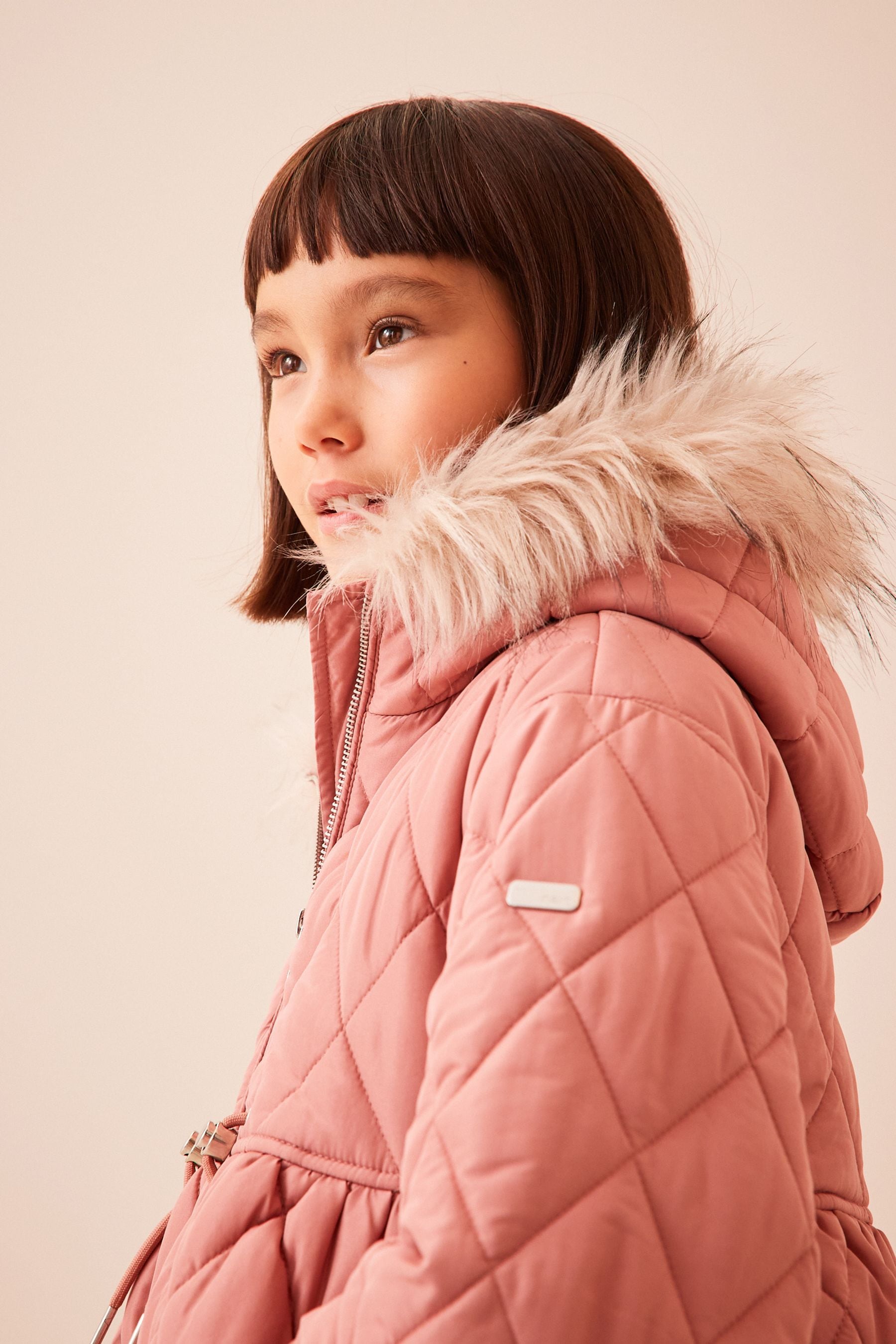 Pink Faux Fur Hooded Quilted Padded Coat (3-16yrs)