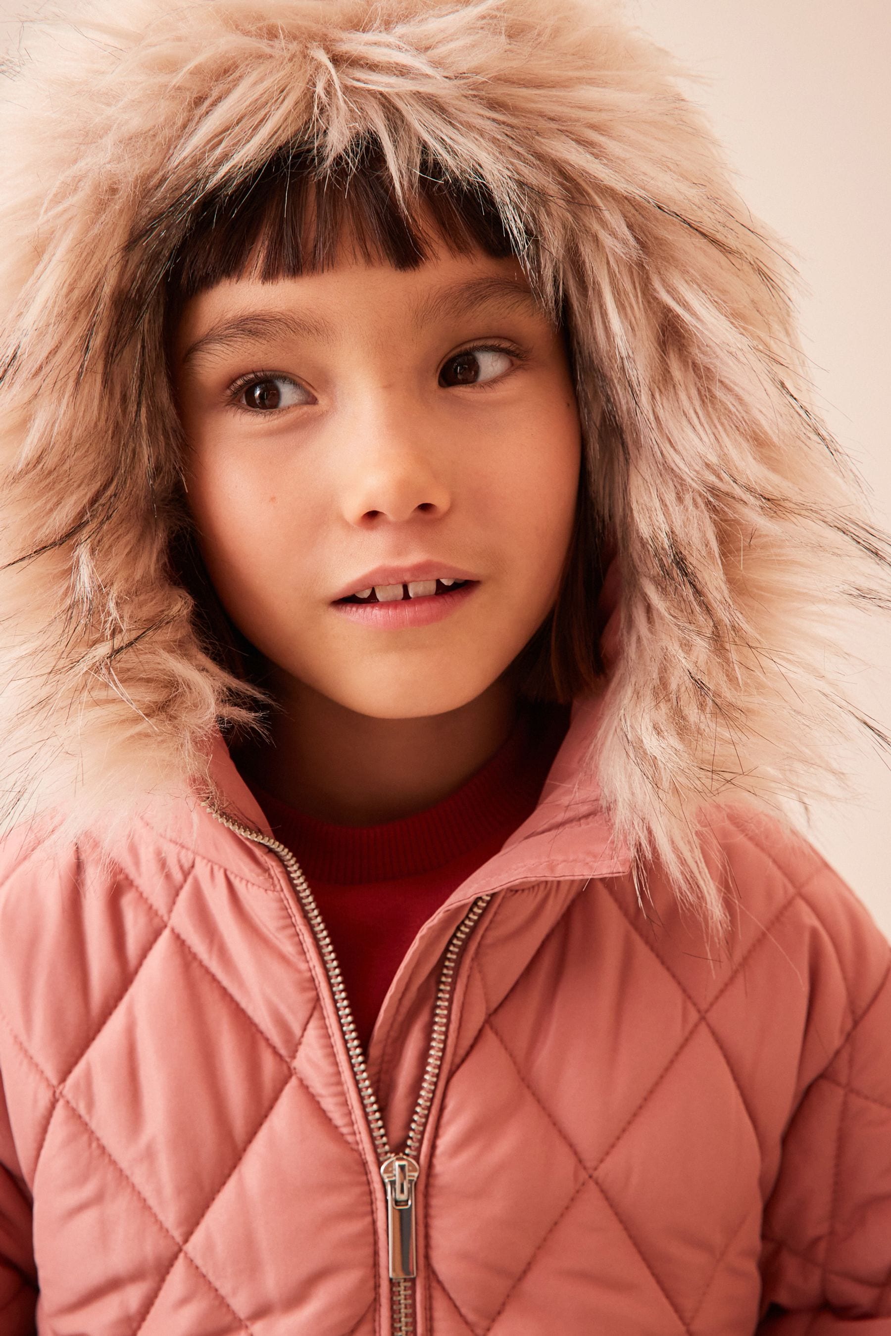 Pink Faux Fur Hooded Quilted Padded Coat (3-16yrs)