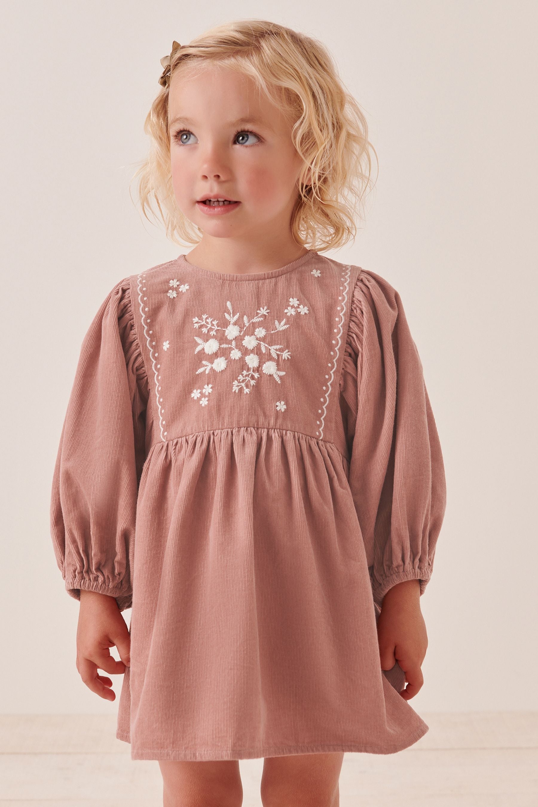 Pink Long Sleeve Corduroy Embroidered Dress (3mths-7yrs)