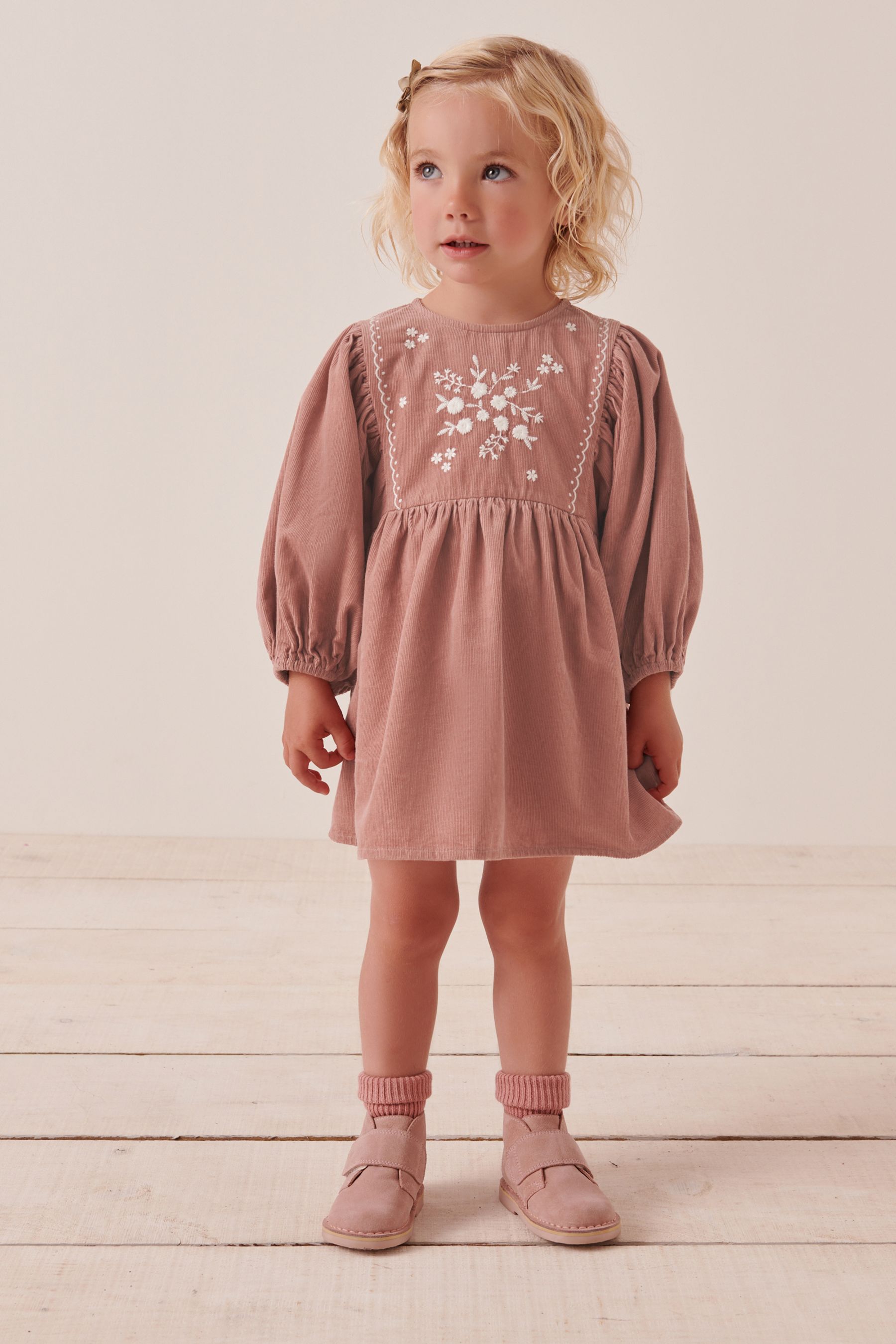 Pink Long Sleeve Corduroy Embroidered Dress (3mths-7yrs)