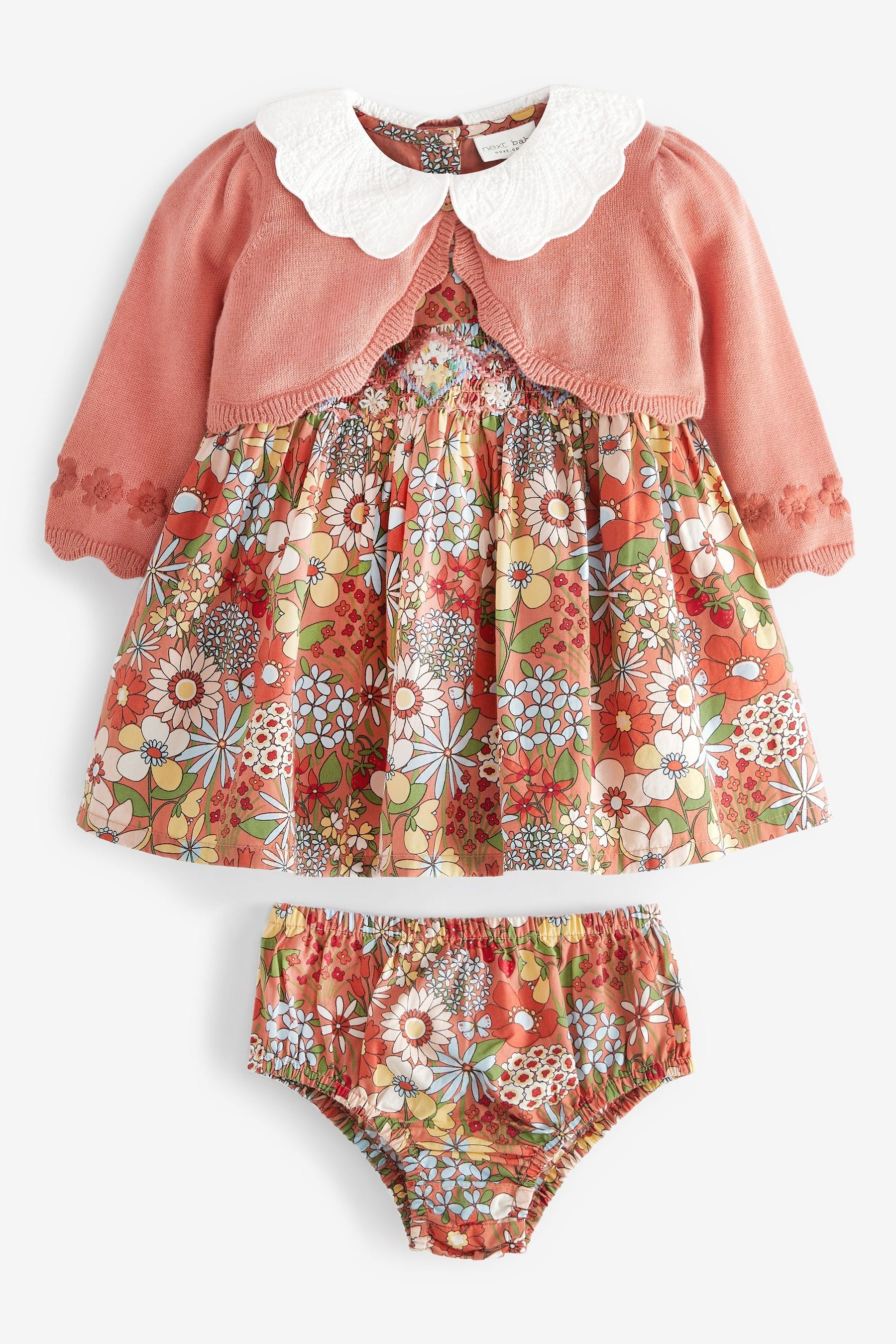 Rust Brown Baby Floral Occasion Dress, Cardigan And Knicker Set (0mths-2yrs)