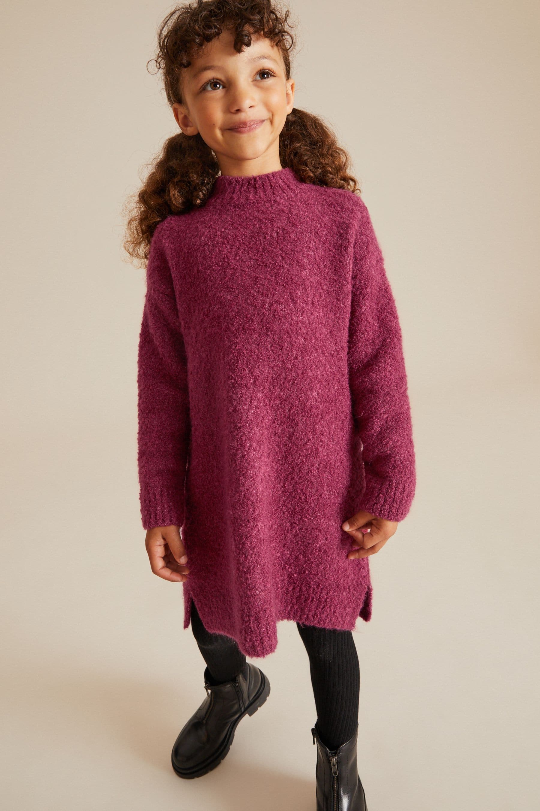 Raspberry Pink Bouclé Knitted Jumper Dress (3-16yrs)