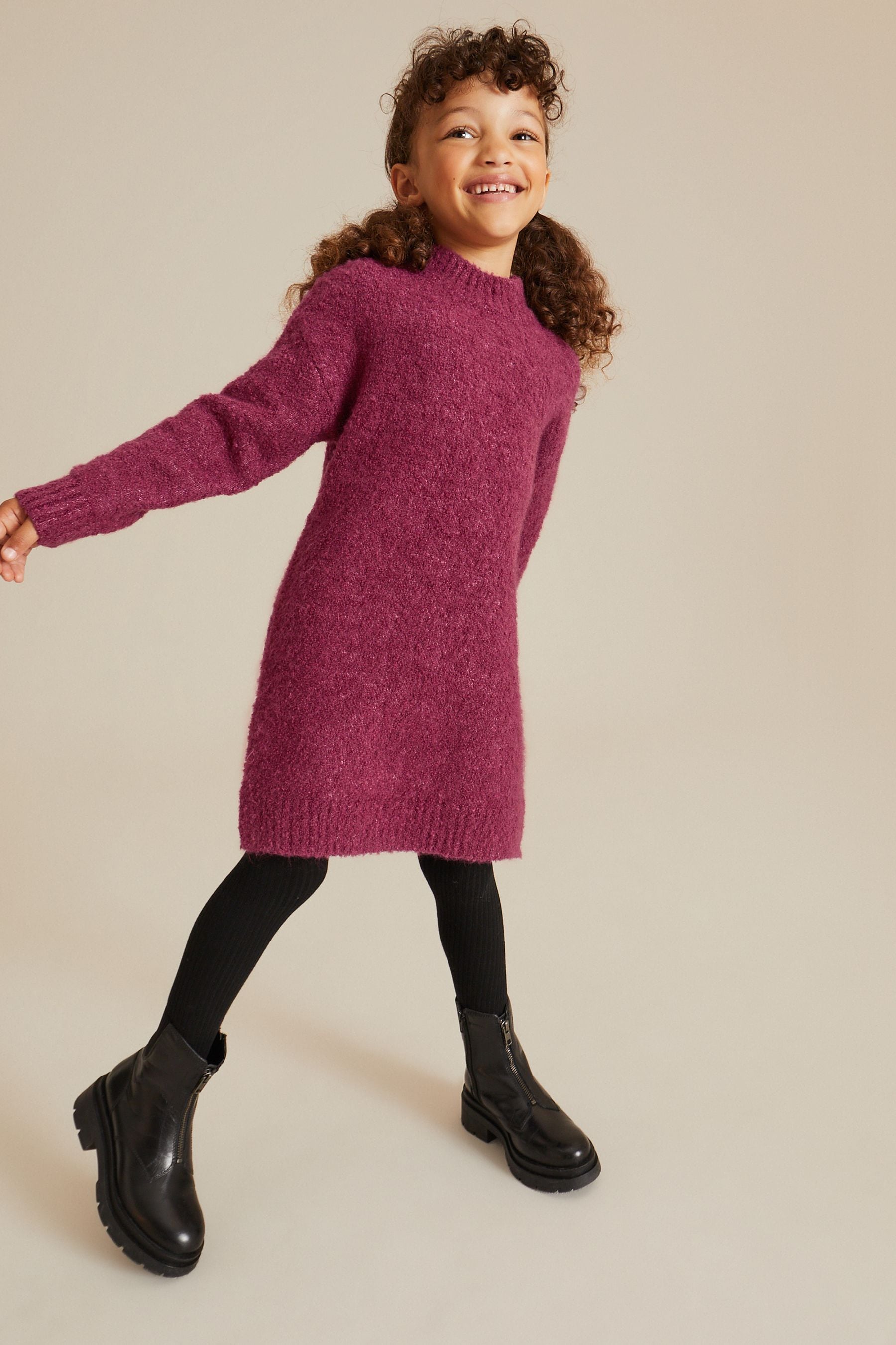 Raspberry Pink Bouclé Knitted Jumper Dress (3-16yrs)