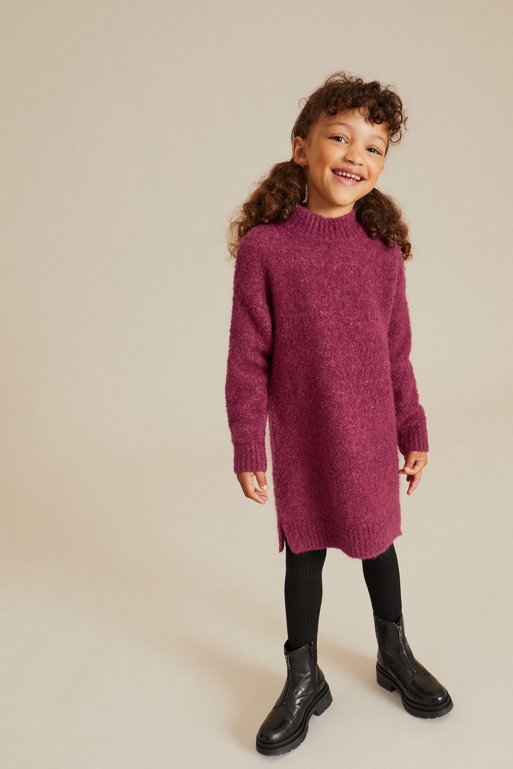 Raspberry Pink Bouclé Knitted Jumper Dress (3-16yrs)