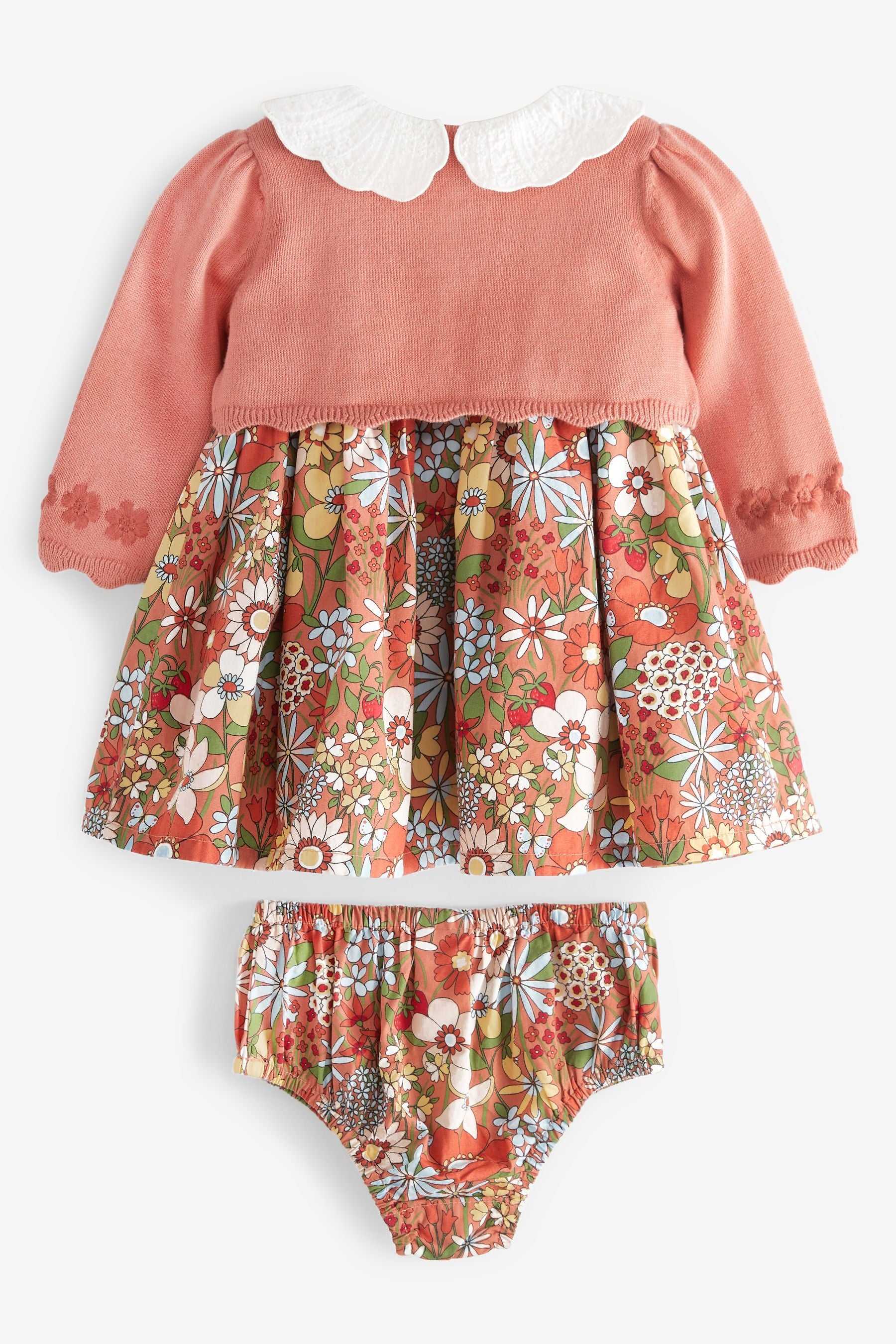 Rust Brown Baby Floral Occasion Dress, Cardigan And Knicker Set (0mths-2yrs)