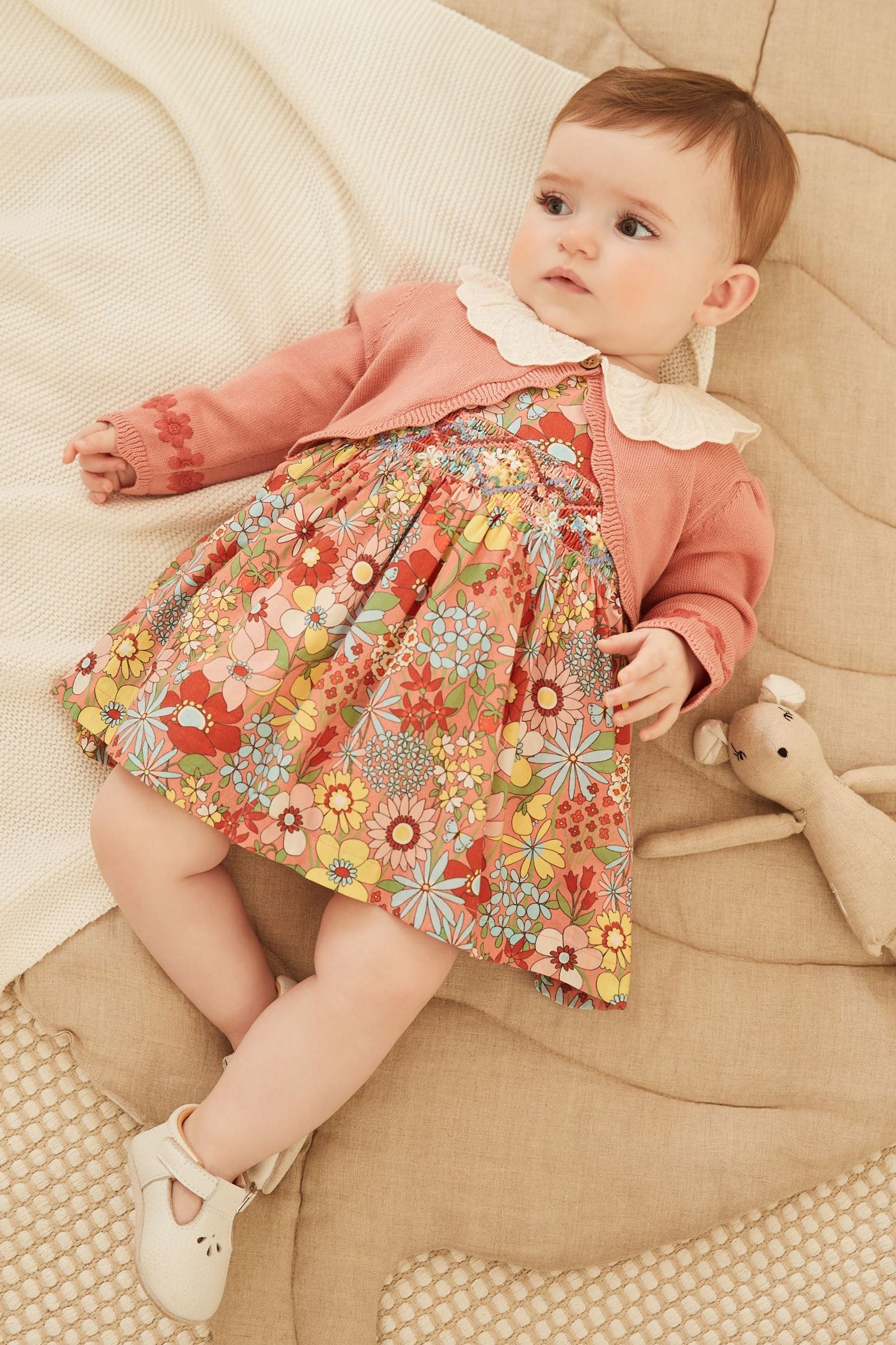 Rust Brown Baby Floral Occasion Dress, Cardigan And Knicker Set (0mths-2yrs)