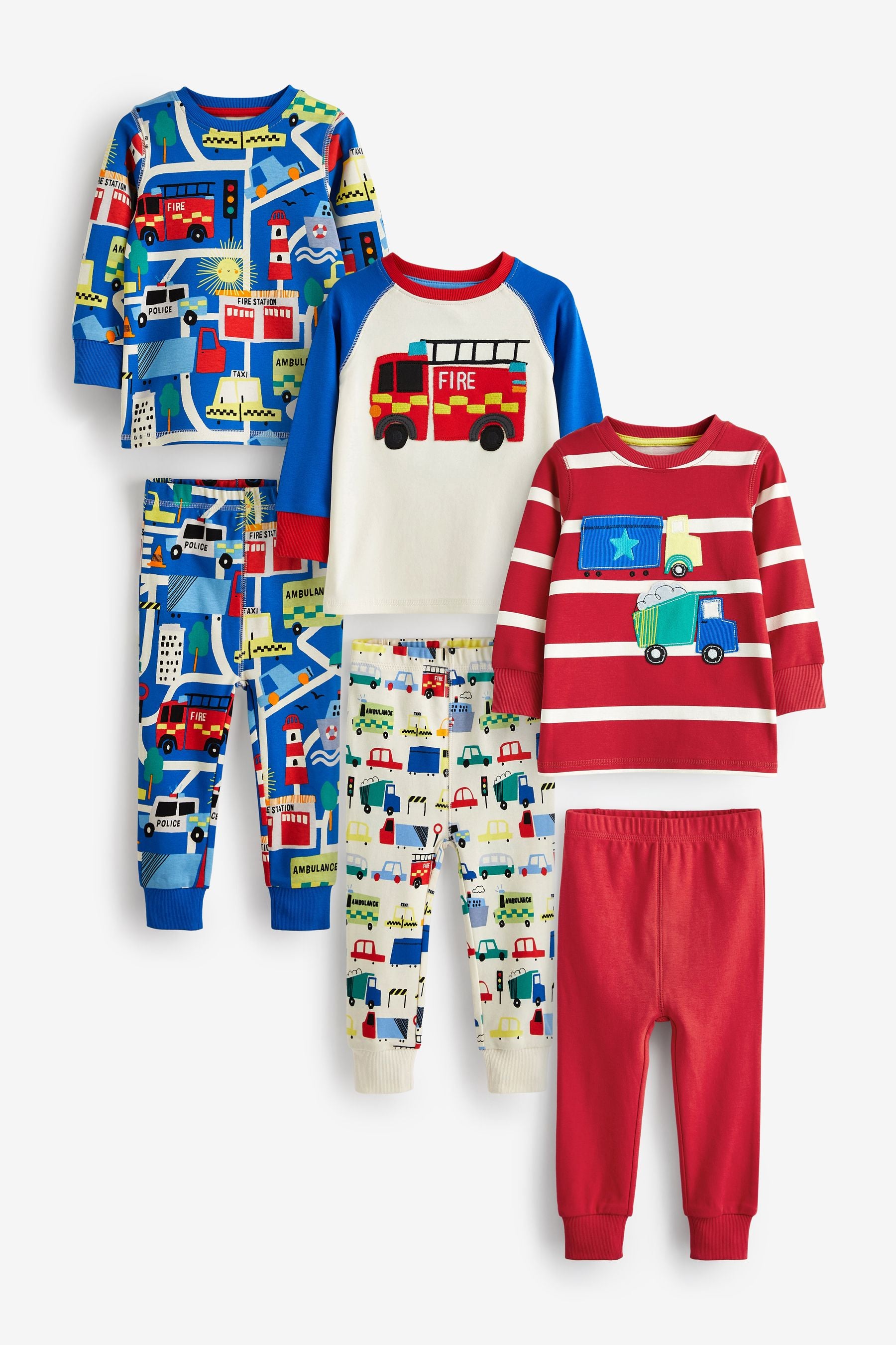 Red/White Transport Snuggle Pyjamas 3 Pack (9mths-8yrs)