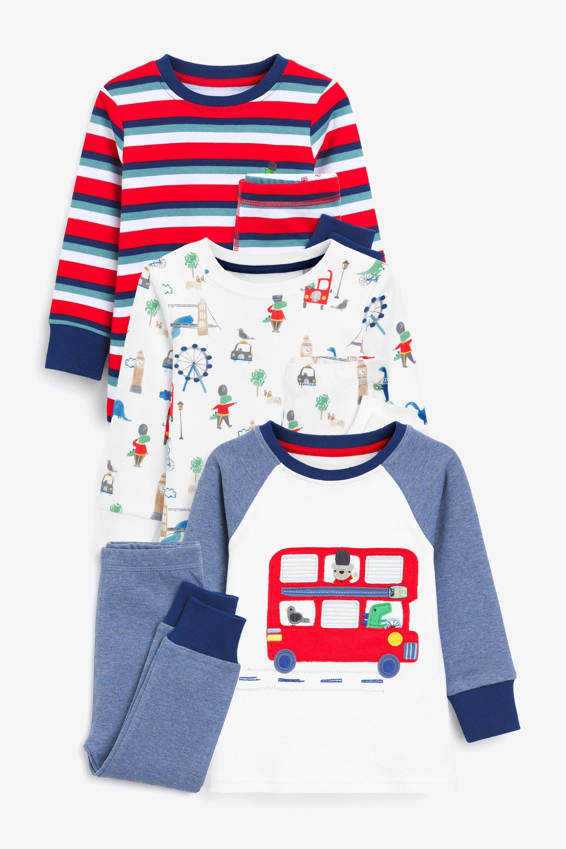 White/Blue/Red London Dinosaur 3 Pack Snuggle Pyjamas (9mths-12yrs)