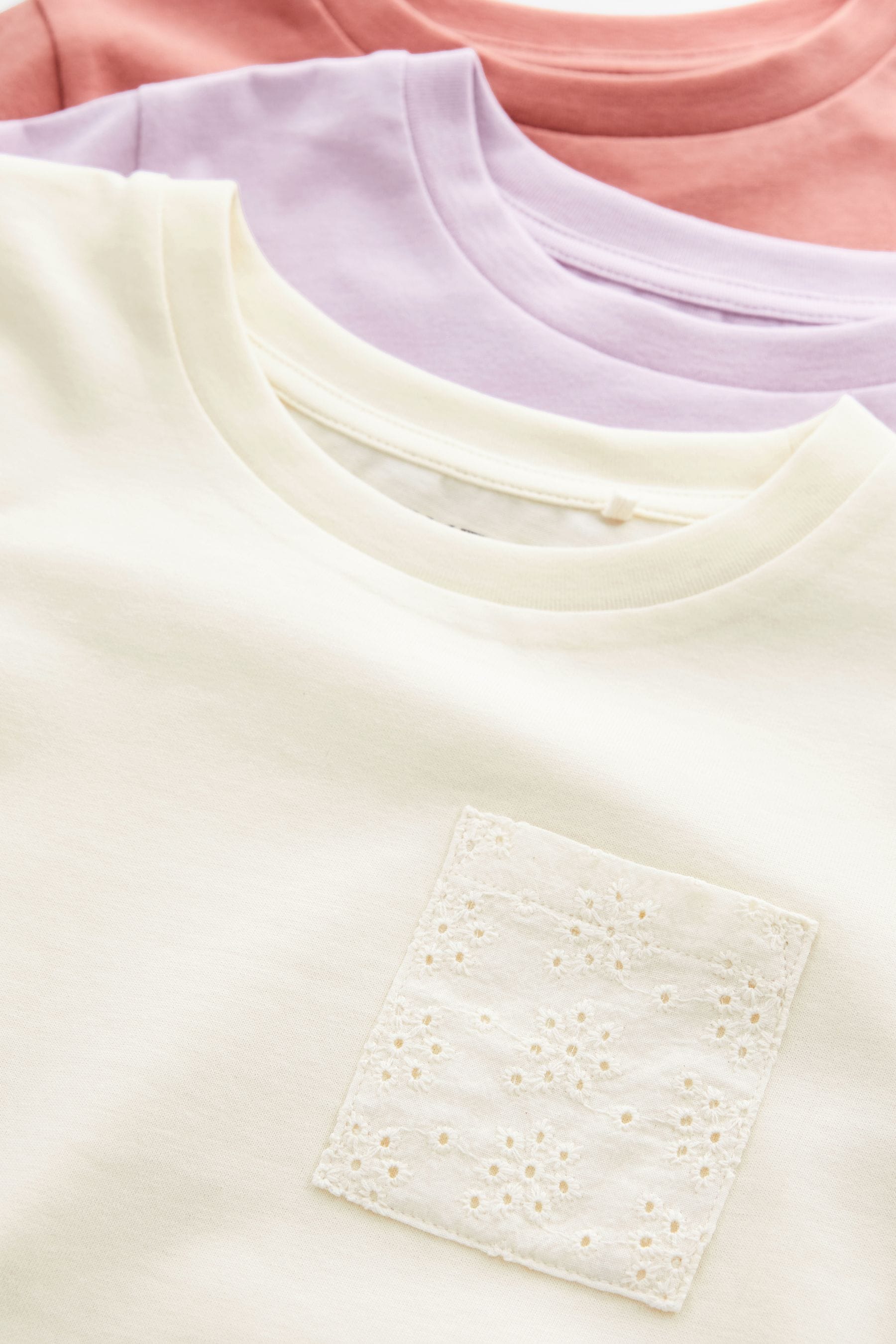 Ecru/Pink/Purple 3 Pack Crochet Pocket T-Shirts (3-16yrs)