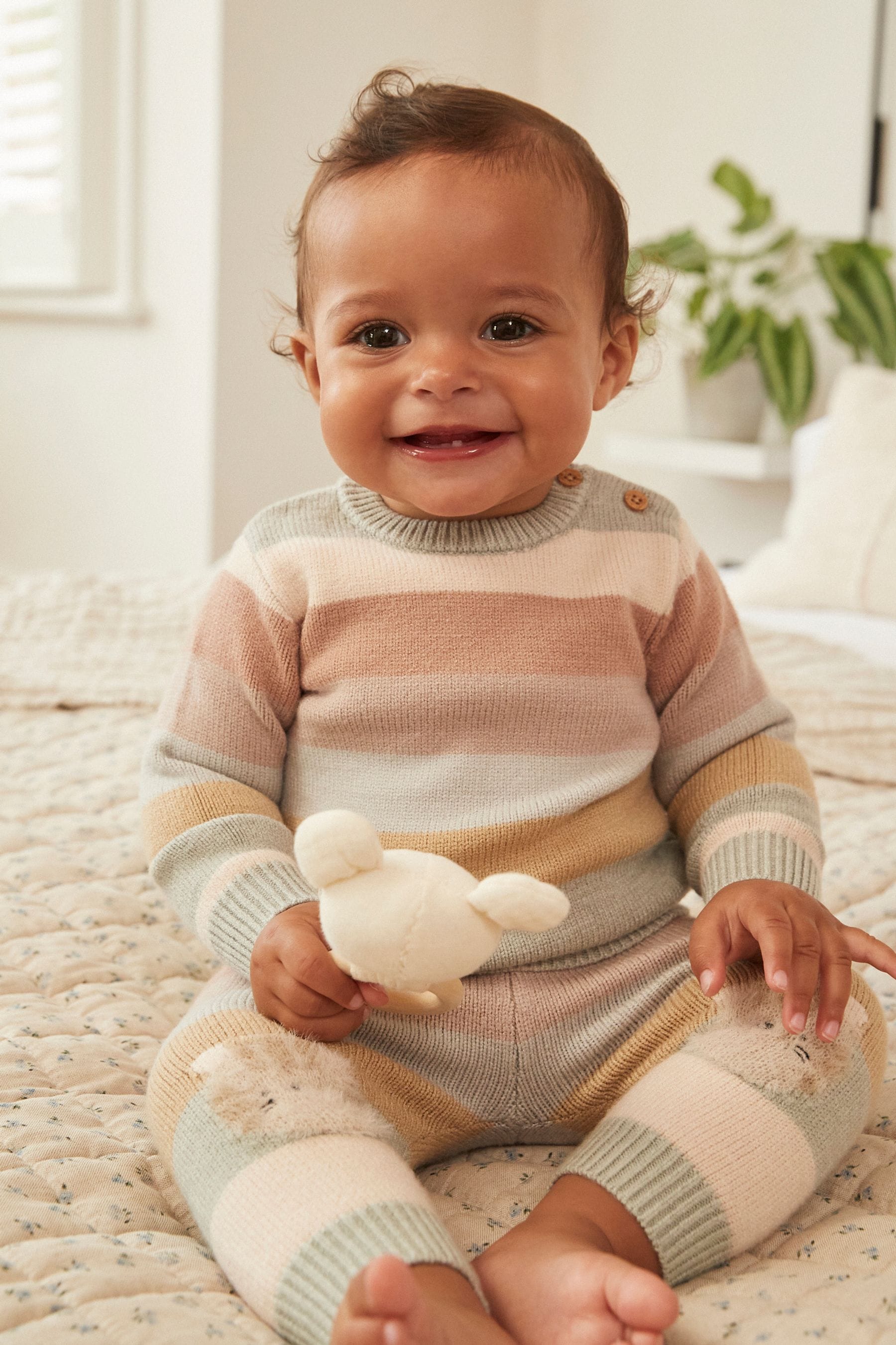 Tan/Blue Tiger Stripe Baby Knitted Jumper & Leggings 2 Piece Set (0mths-2yrs)