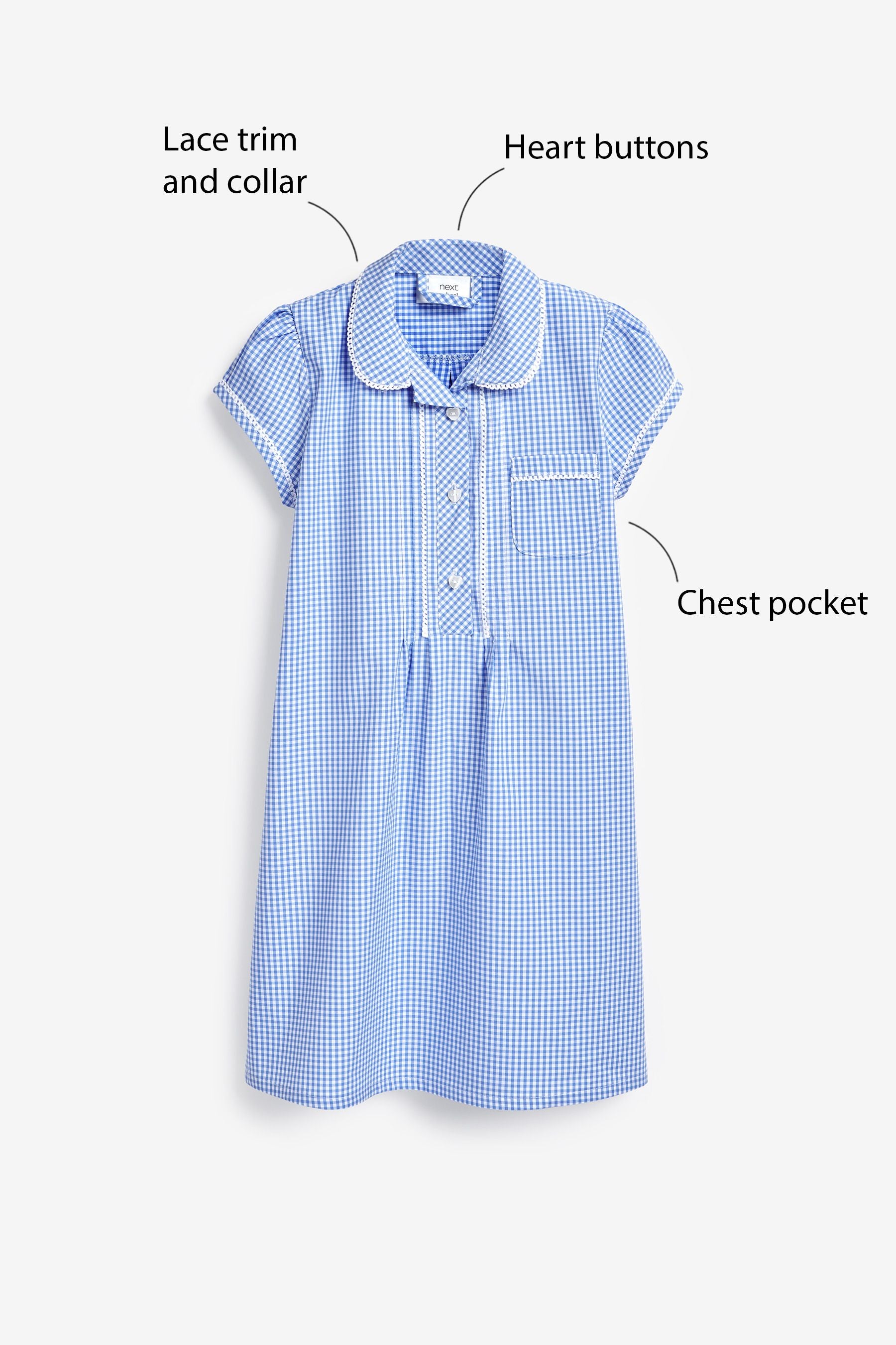 Blue Cotton Rich Button Front Lace Gingham School Dress (3-14yrs)