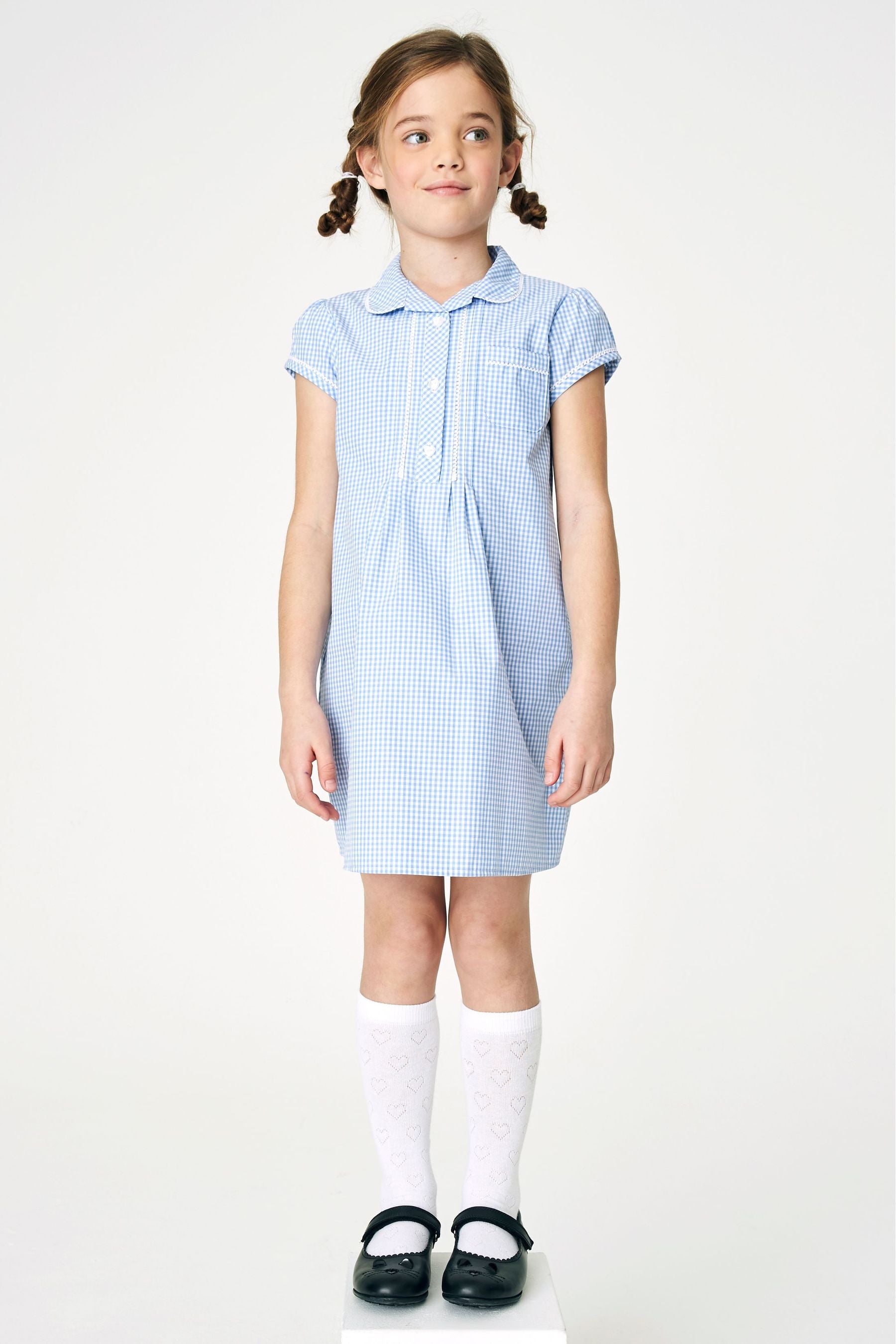 Blue Cotton Rich Button Front Lace Gingham School Dress (3-14yrs)