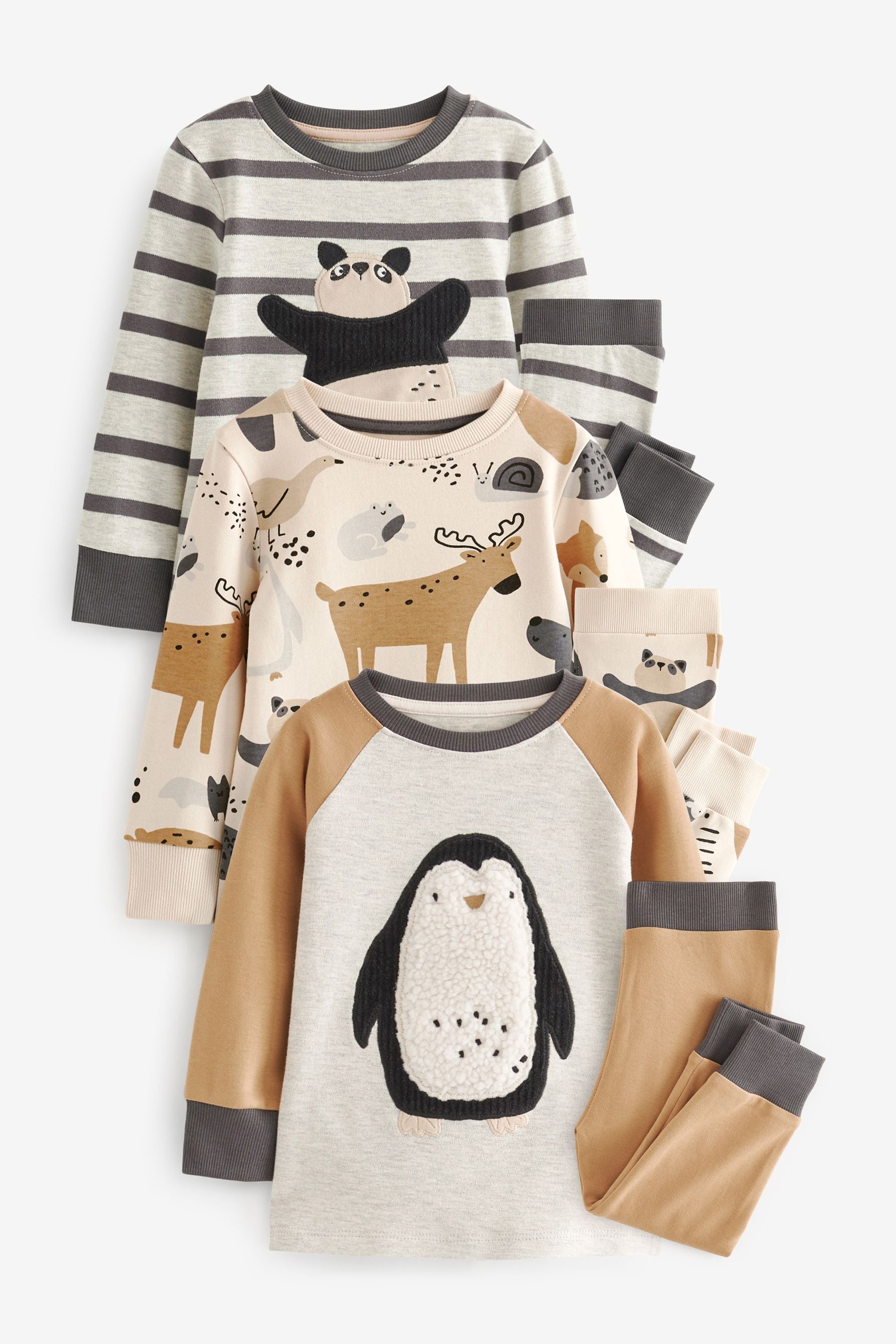 Neutral/Black Animal Long Sleeve 3 Pack Pyjamas Set (9mths-8yrs)