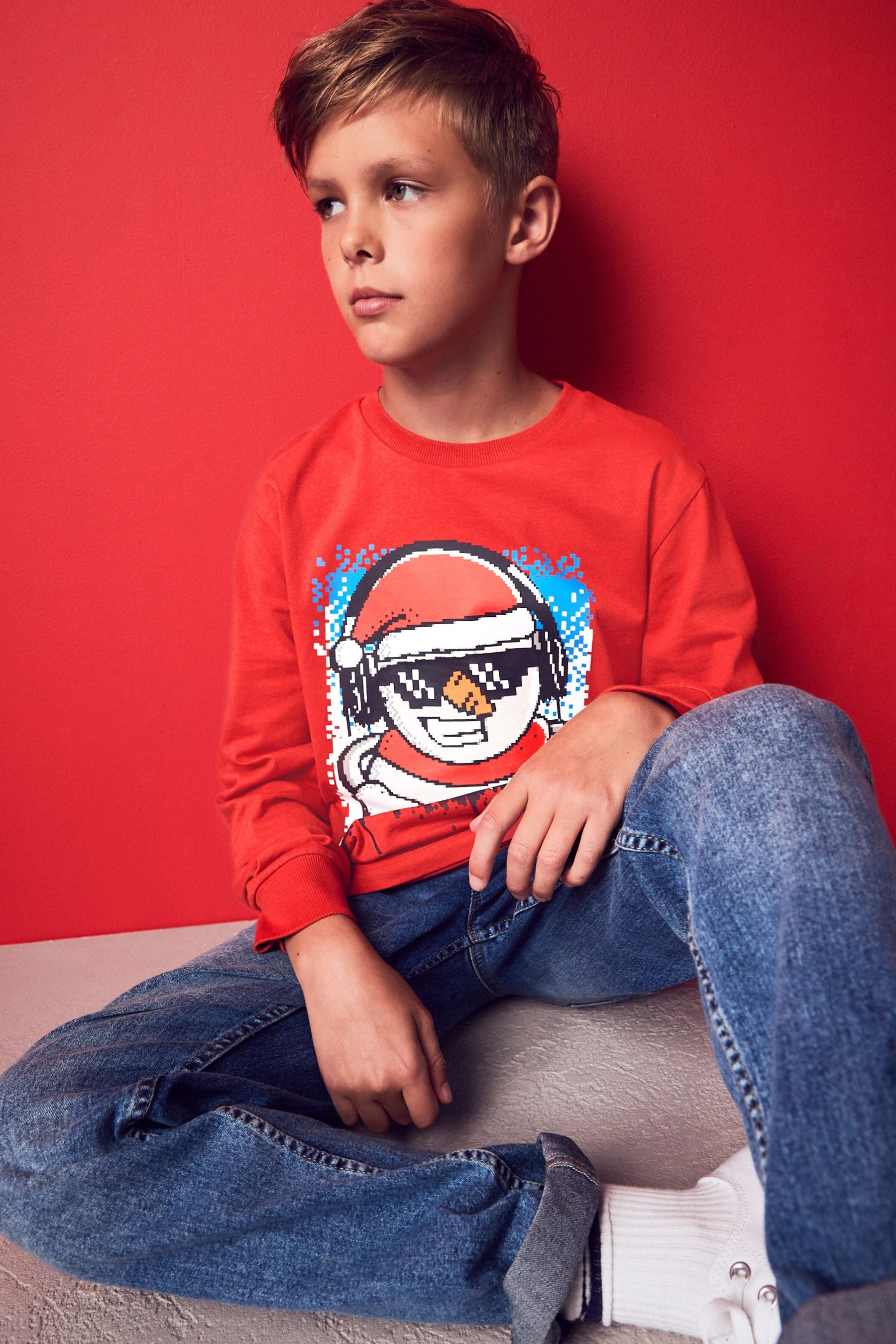 Red Snowman Long Sleeve Graphic Christmas T-Shirt (4-16yrs)