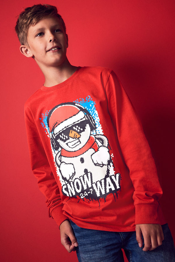 Red Snowman Long Sleeve Graphic Christmas T-Shirt (4-16yrs)