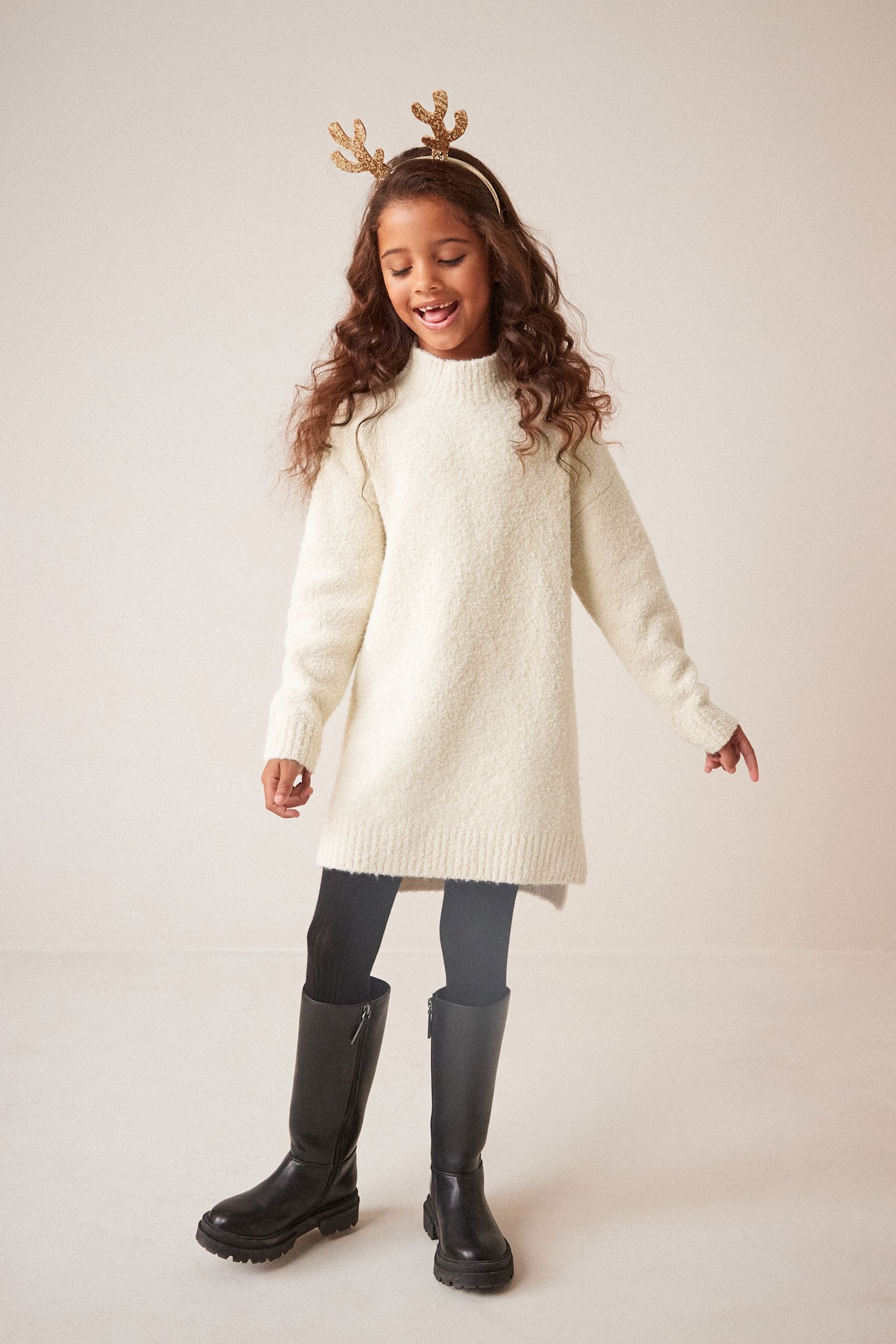 Ecru Cream Marl Bouclé Knitted Jumper Dress (3-16yrs)