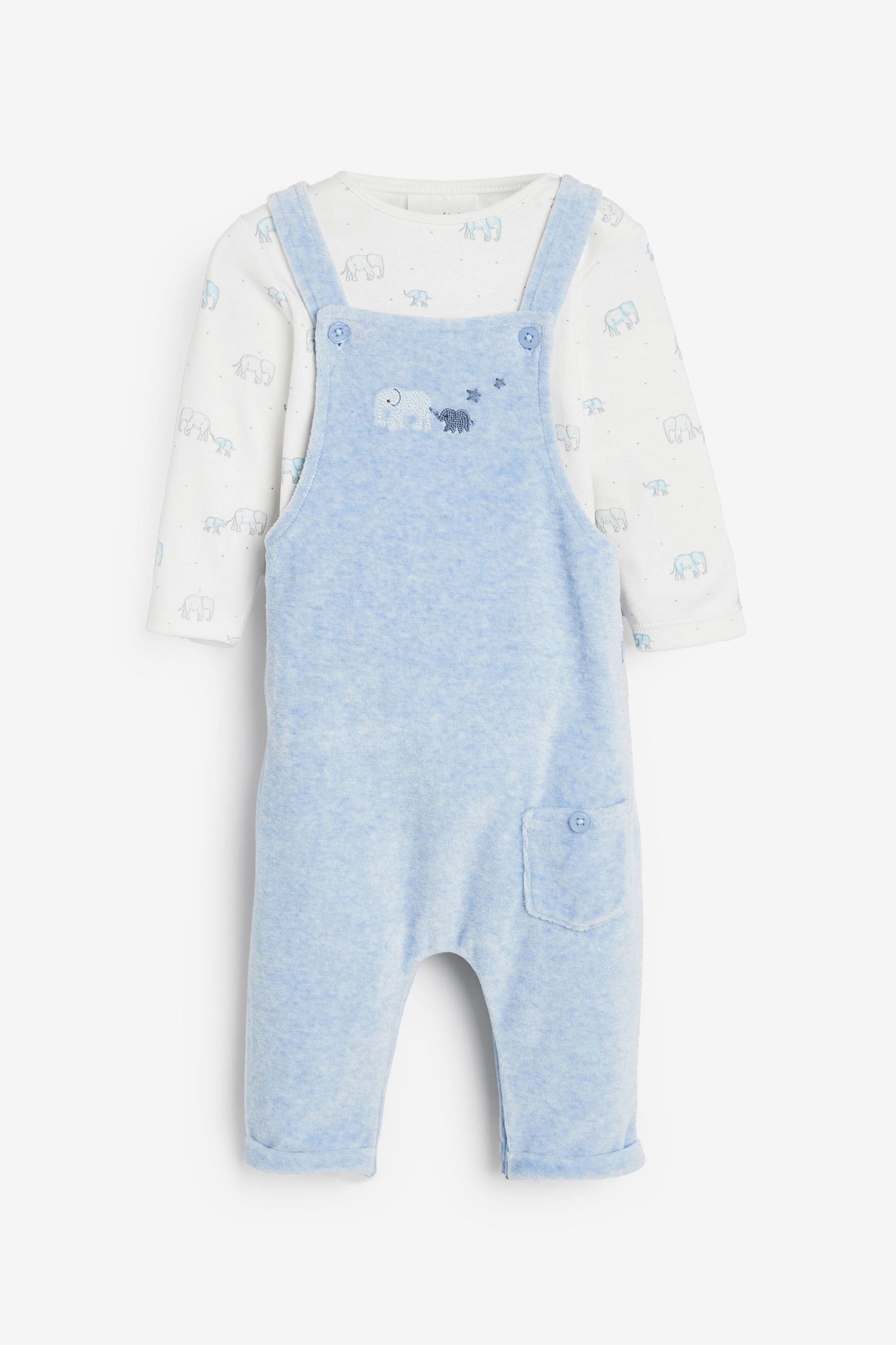 Blue Elephant Velour Baby Dungarees And Bodysuit Set (0mths-2yrs)