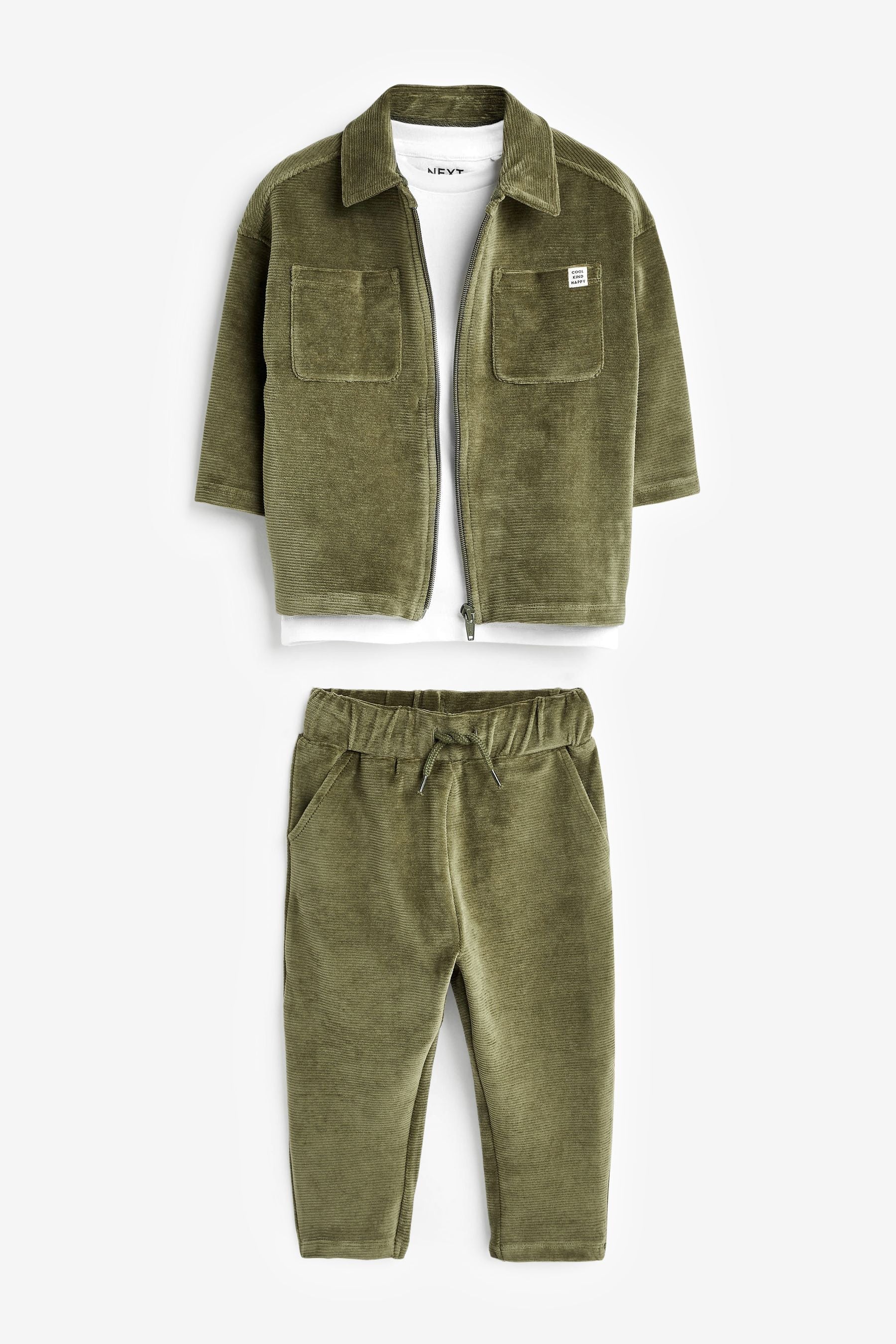 Khaki Green Zip Through Jacket, T-Shirt And Trousers 3 Piece Set (3mths-7yrs)