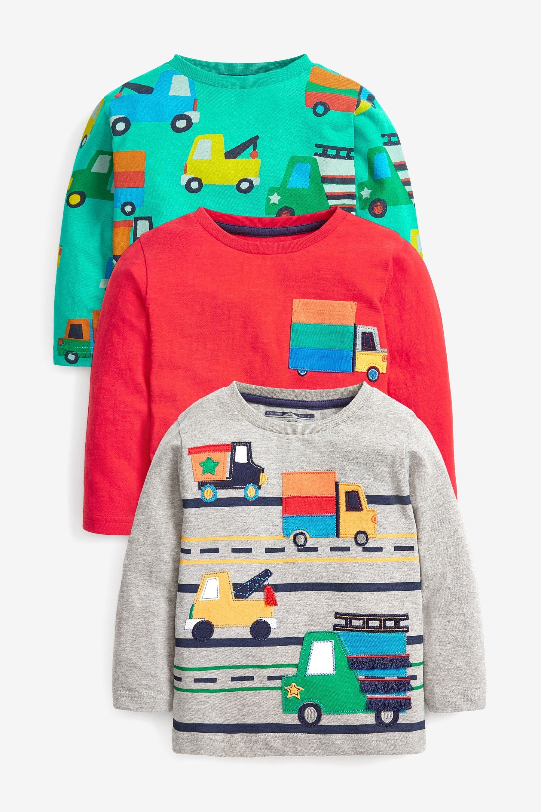 Red/Green Trucks 3 Pack Long Sleeve Character T-Shirts (3mths-7yrs)