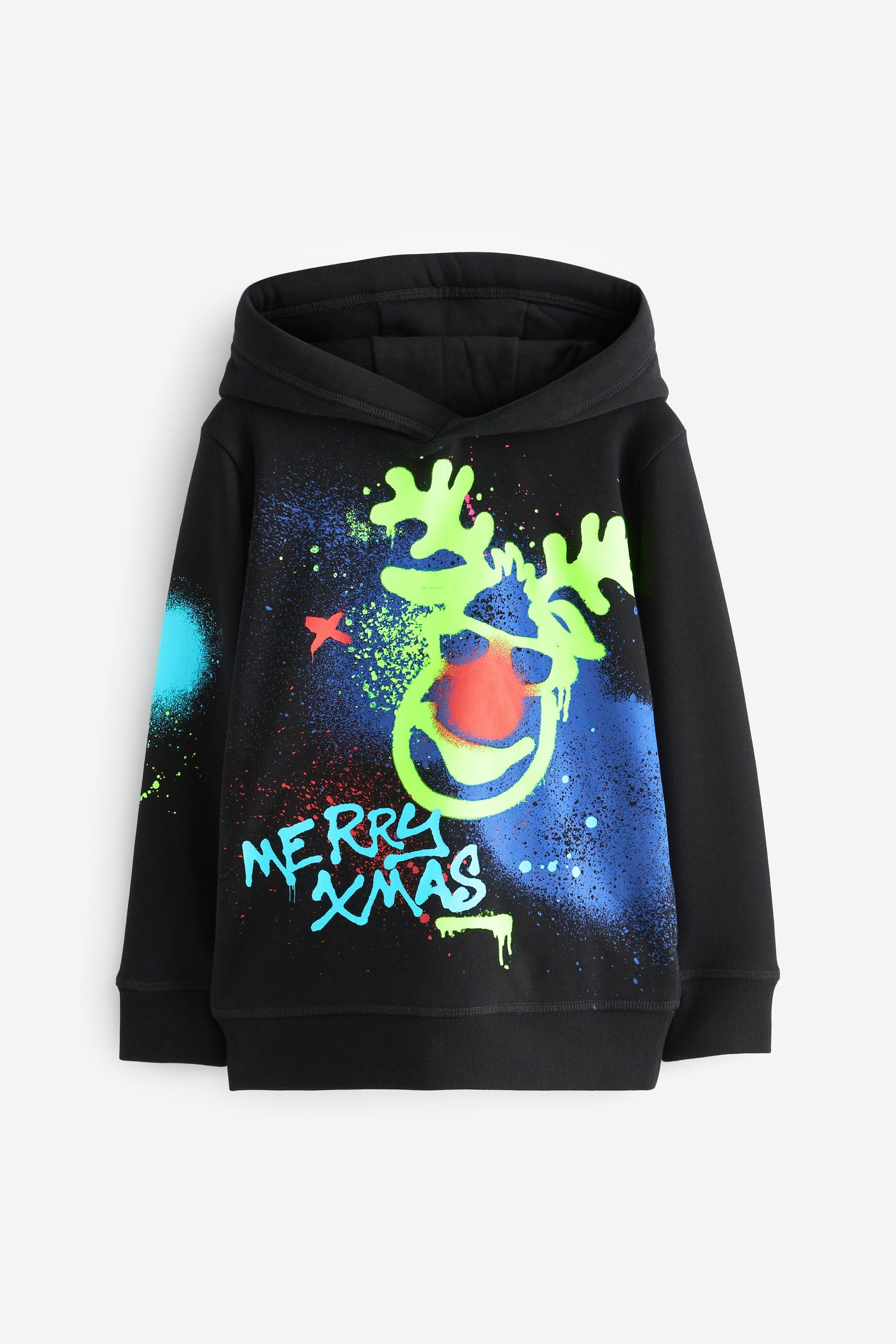 Graffiti Black Reindeer Christmas Hoodie (3-16yrs)