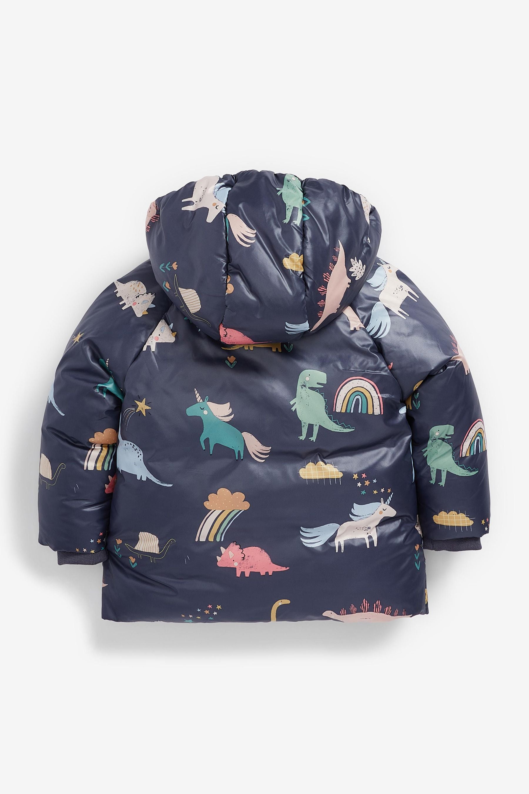 Navy Blue Dinosaur And Unicorn Print Shower Resistant Coat (3mths-7yrs)