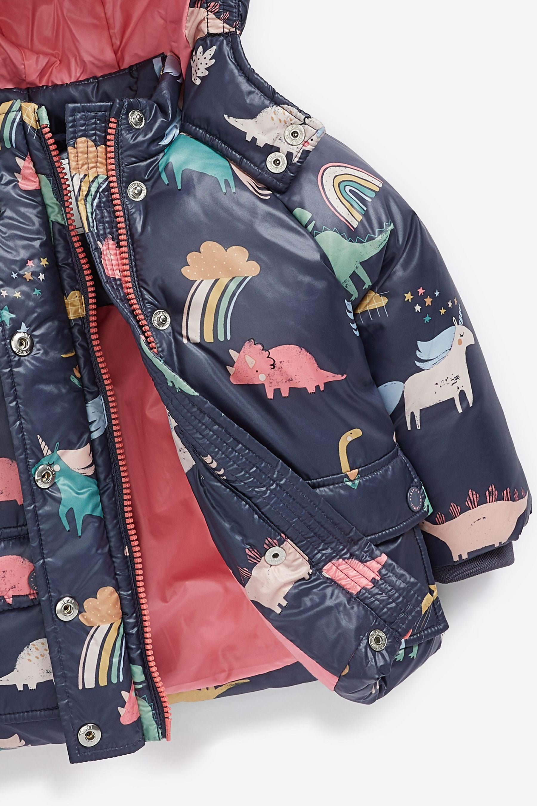 Navy Blue Dinosaur And Unicorn Print Shower Resistant Coat (3mths-7yrs)